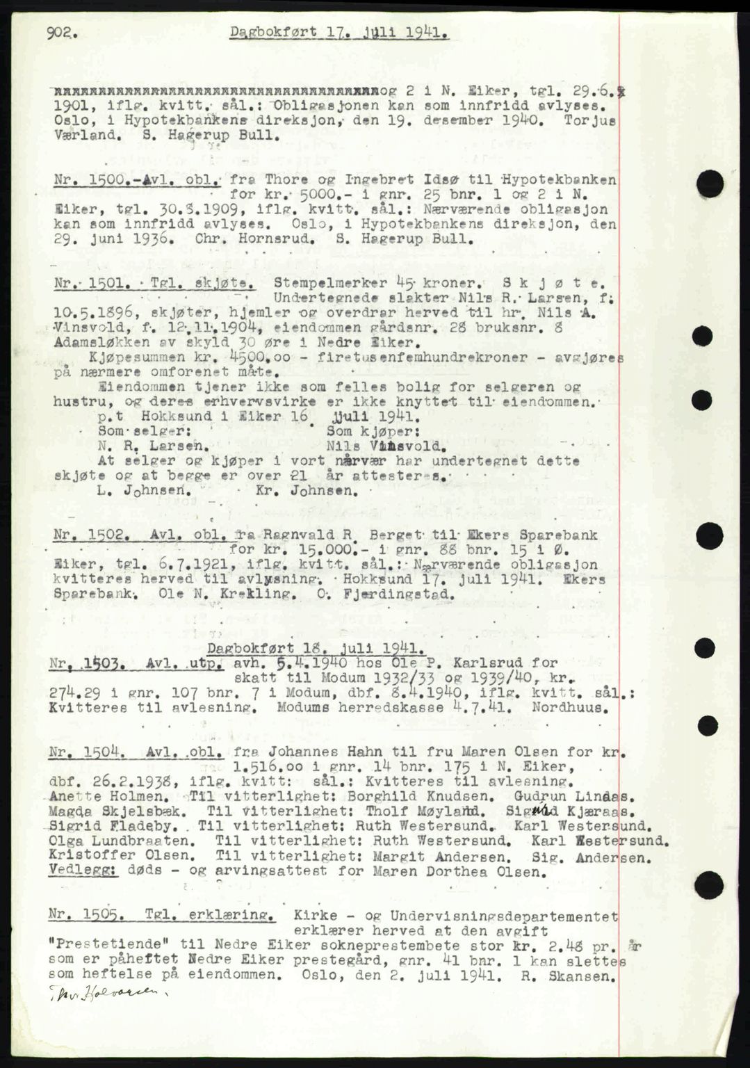 Eiker, Modum og Sigdal sorenskriveri, SAKO/A-123/G/Ga/Gab/L0043: Pantebok nr. A13, 1940-1941, Dagboknr: 1500/1941