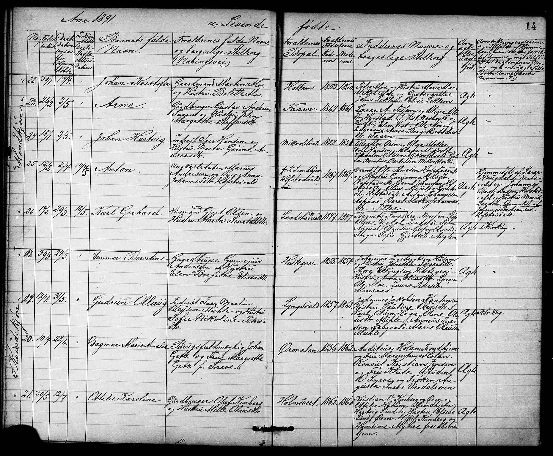 Ministerialprotokoller, klokkerbøker og fødselsregistre - Nord-Trøndelag, AV/SAT-A-1458/723/L0257: Klokkerbok nr. 723C05, 1890-1907, s. 14