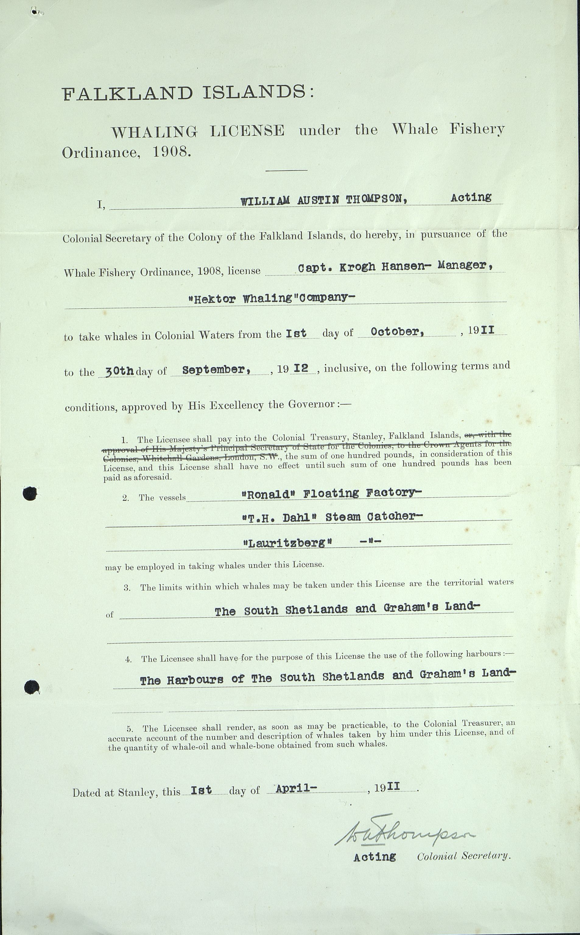 Pa 258 - N. Bugge AS, VEMU/A-1326/E/Ea/L0001/0003: Lisensavtaler og korrespondanse med Britiske myndigheter / The Office of the Colonial Secretary, Stanley, Falkland Island, 1911-1920