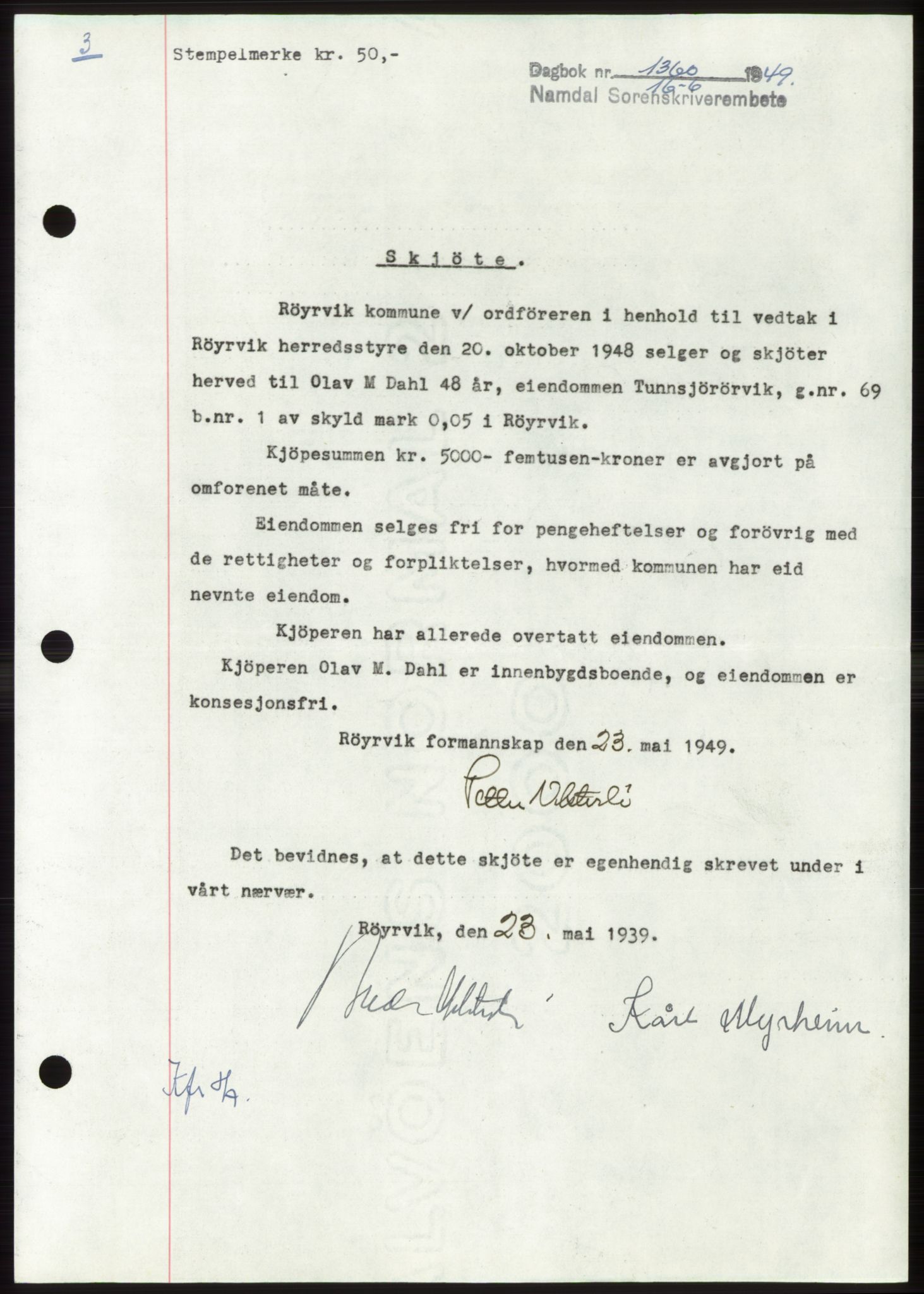 Namdal sorenskriveri, SAT/A-4133/1/2/2C: Pantebok nr. -, 1949-1949, Dagboknr: 1360/1949