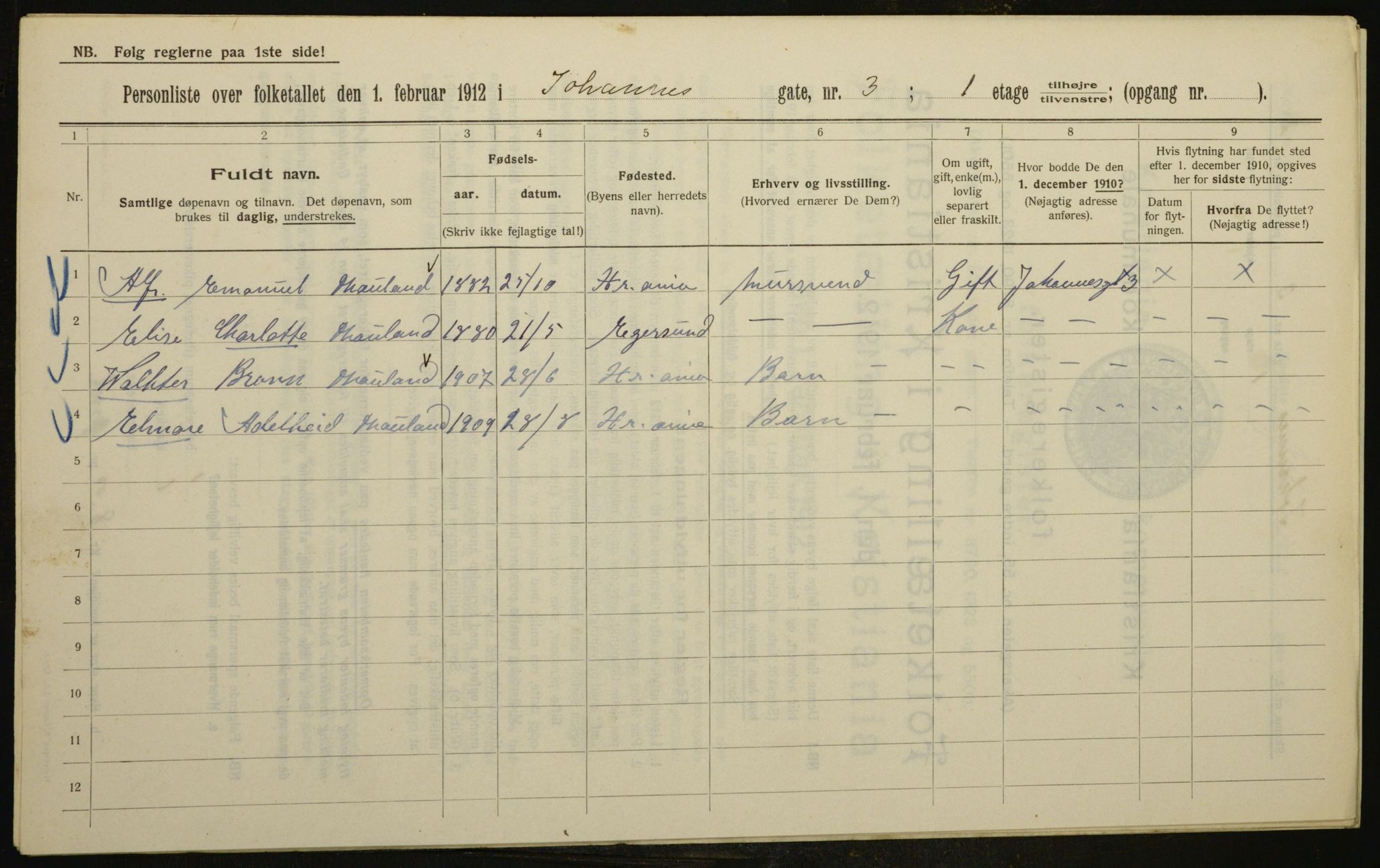 OBA, Kommunal folketelling 1.2.1912 for Kristiania, 1912, s. 47493