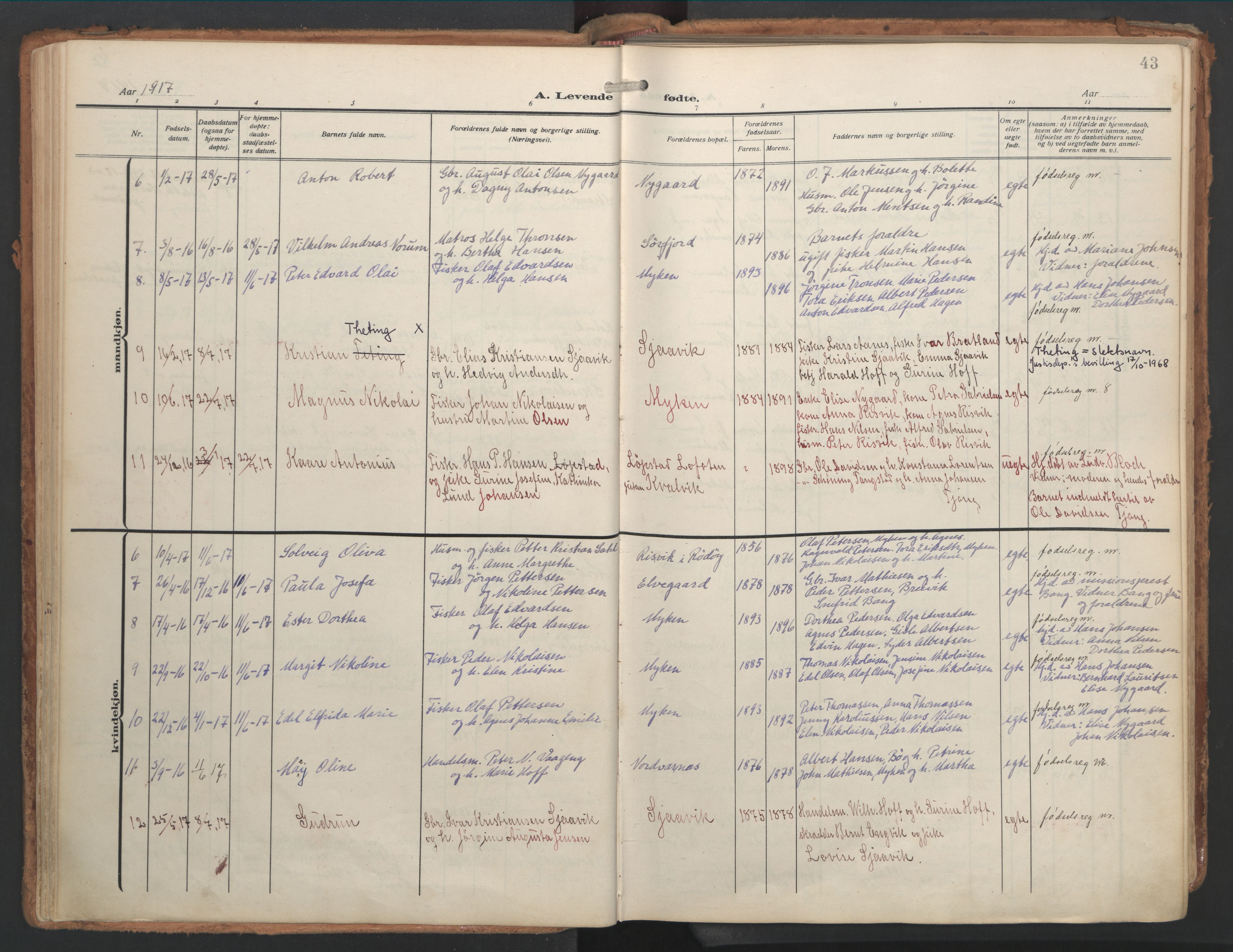 Ministerialprotokoller, klokkerbøker og fødselsregistre - Nordland, AV/SAT-A-1459/841/L0614: Ministerialbok nr. 841A17, 1911-1925, s. 43