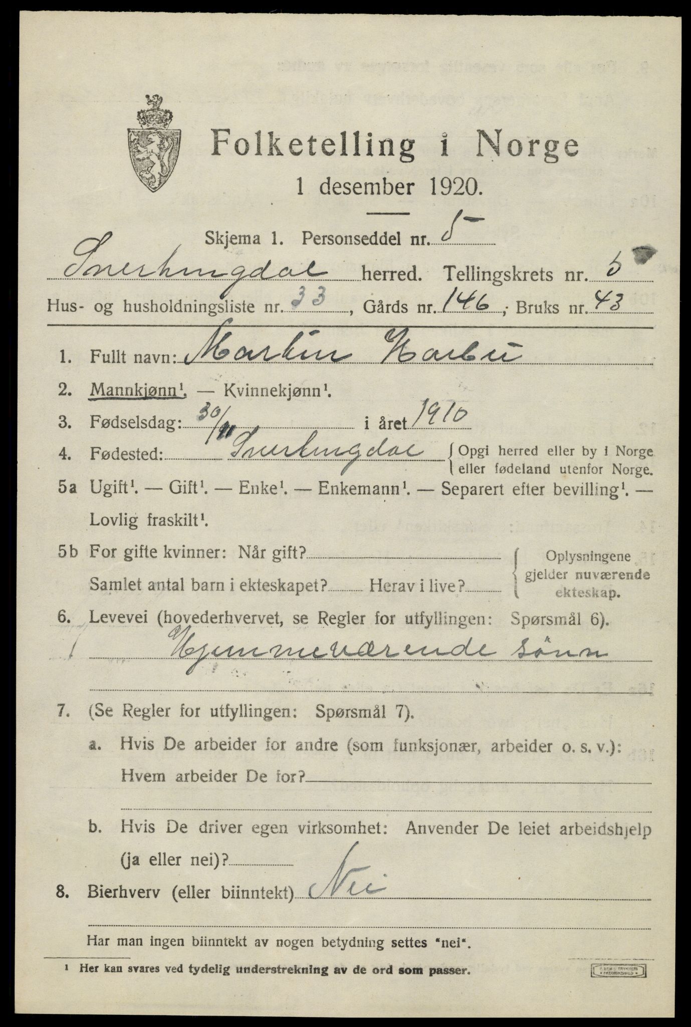 SAH, Folketelling 1920 for 0526 Snertingdal herred, 1920, s. 4685