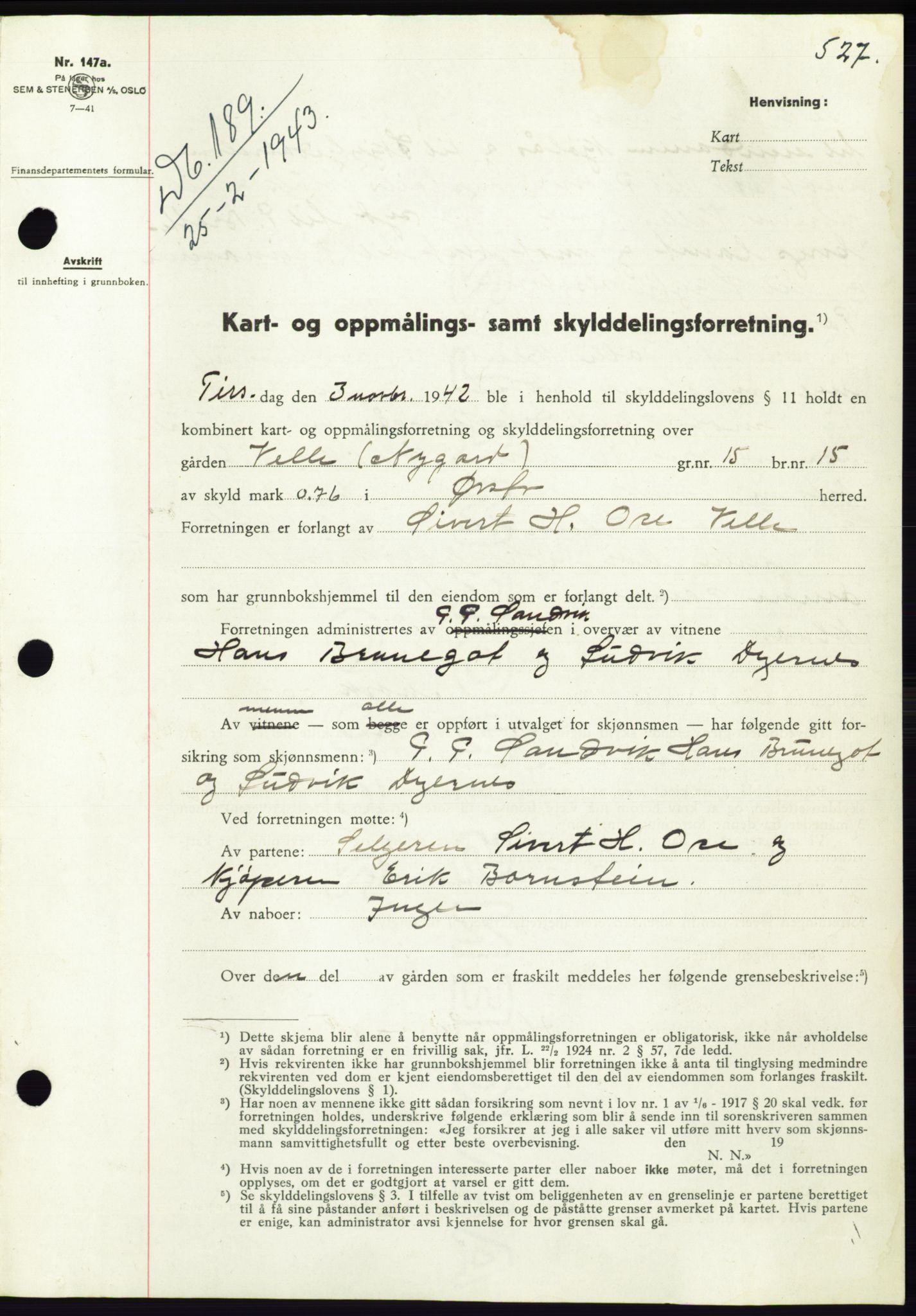 Søre Sunnmøre sorenskriveri, SAT/A-4122/1/2/2C/L0074: Pantebok nr. 68, 1942-1943, Dagboknr: 189/1943