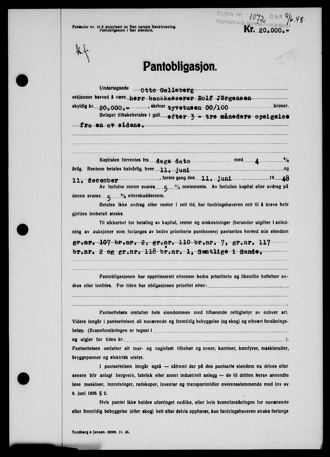 Holmestrand sorenskriveri, SAKO/A-67/G/Ga/Gab/L0058: Pantebok nr. B-58, 1947-1948, Dagboknr: 1072/1948
