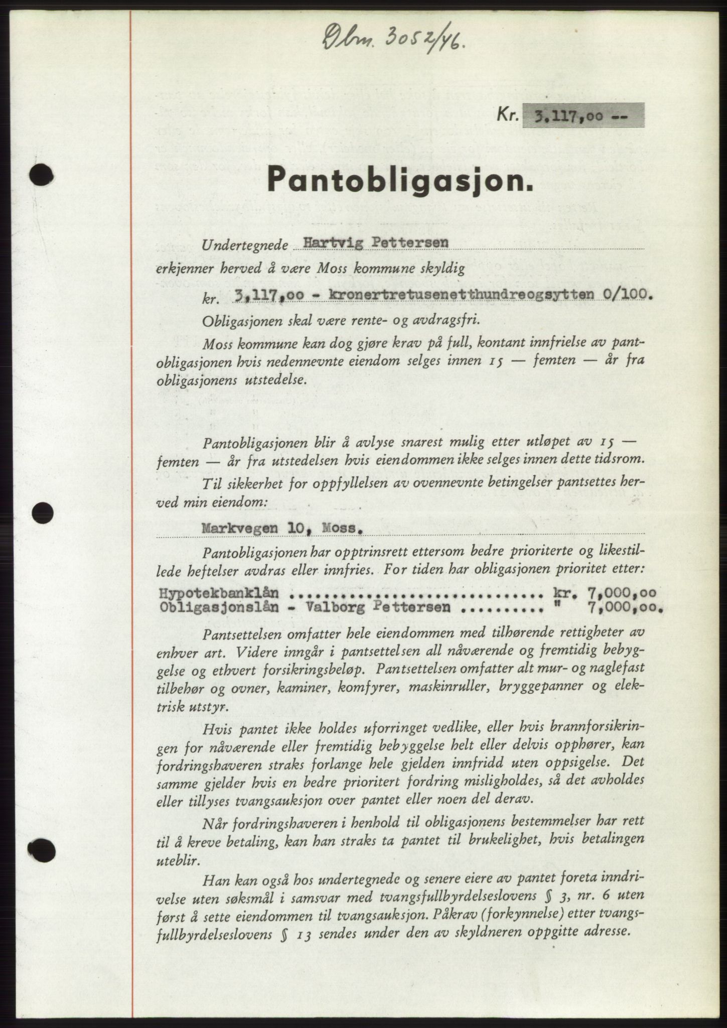 Moss sorenskriveri, SAO/A-10168: Pantebok nr. B16, 1946-1947, Dagboknr: 3052/1946