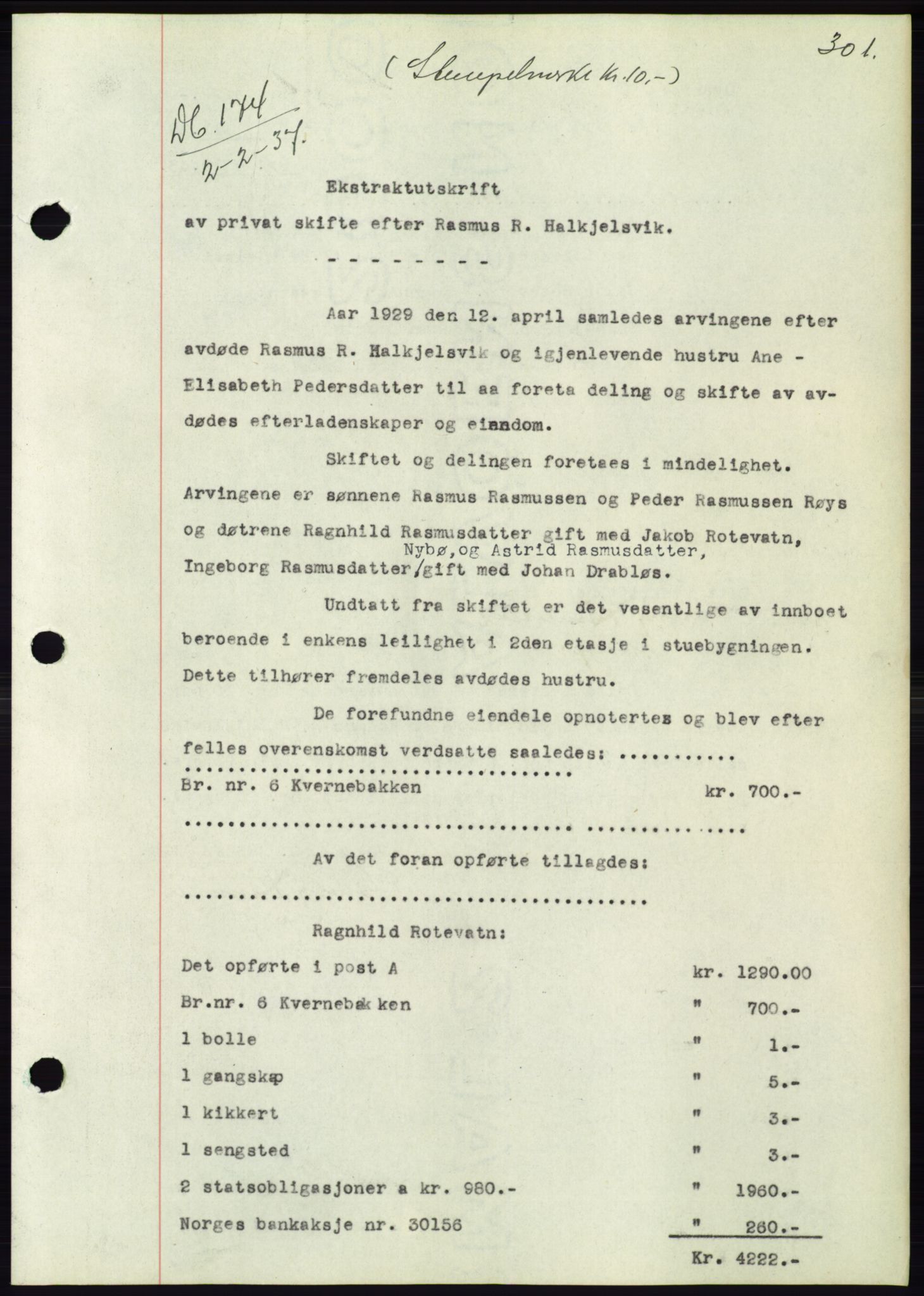 Søre Sunnmøre sorenskriveri, AV/SAT-A-4122/1/2/2C/L0062: Pantebok nr. 56, 1936-1937, Dagboknr: 174/1937