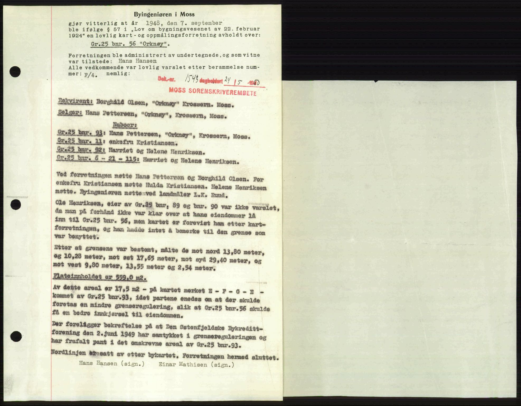 Moss sorenskriveri, SAO/A-10168: Pantebok nr. A26, 1950-1950, Dagboknr: 1543/1950