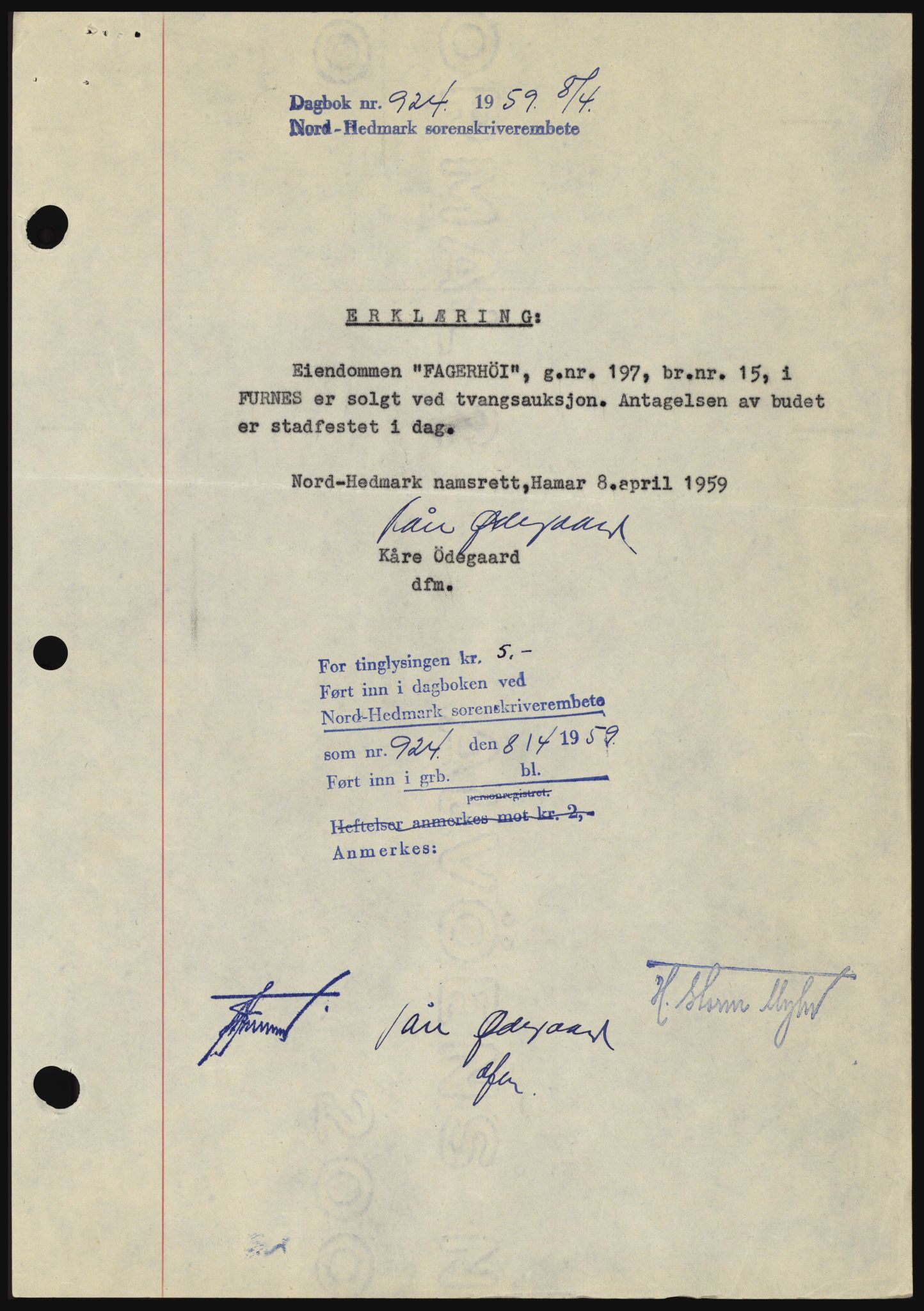 Nord-Hedmark sorenskriveri, SAH/TING-012/H/Hc/L0013: Pantebok nr. 13, 1959-1960, Dagboknr: 924/1959