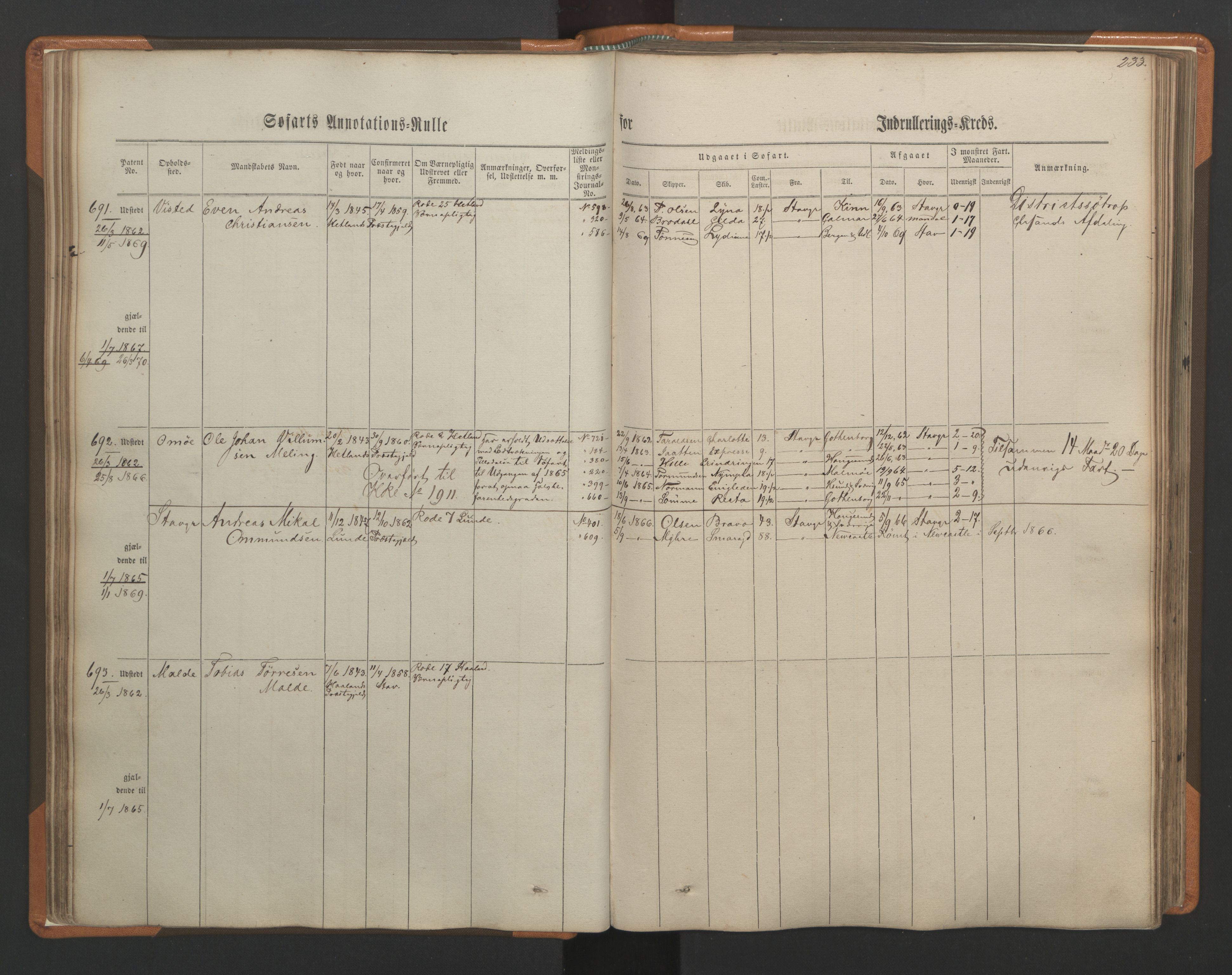 Stavanger sjømannskontor, SAST/A-102006/F/Ff/L0002: Annotasjonsrulle, patentnr. 595-1143 (del 2), 1860-1864, s. 92