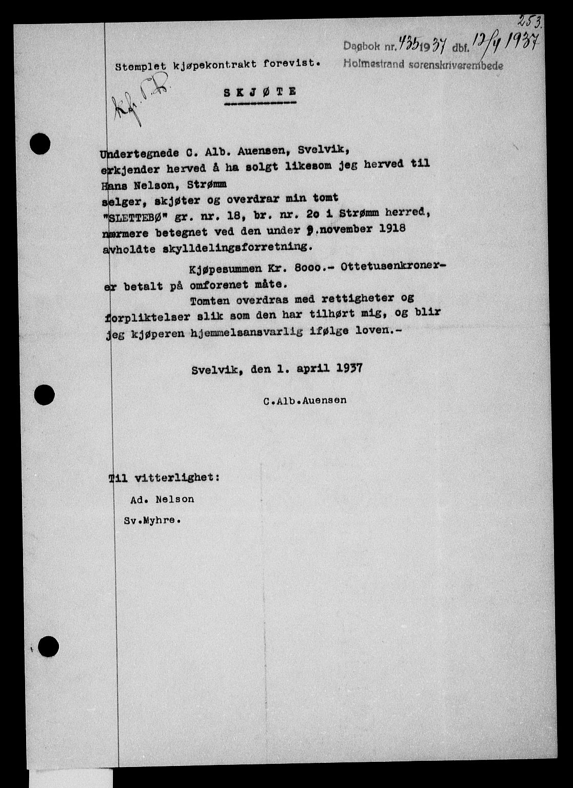 Holmestrand sorenskriveri, SAKO/A-67/G/Ga/Gaa/L0048: Pantebok nr. A-48, 1936-1937, Dagboknr: 435/1937