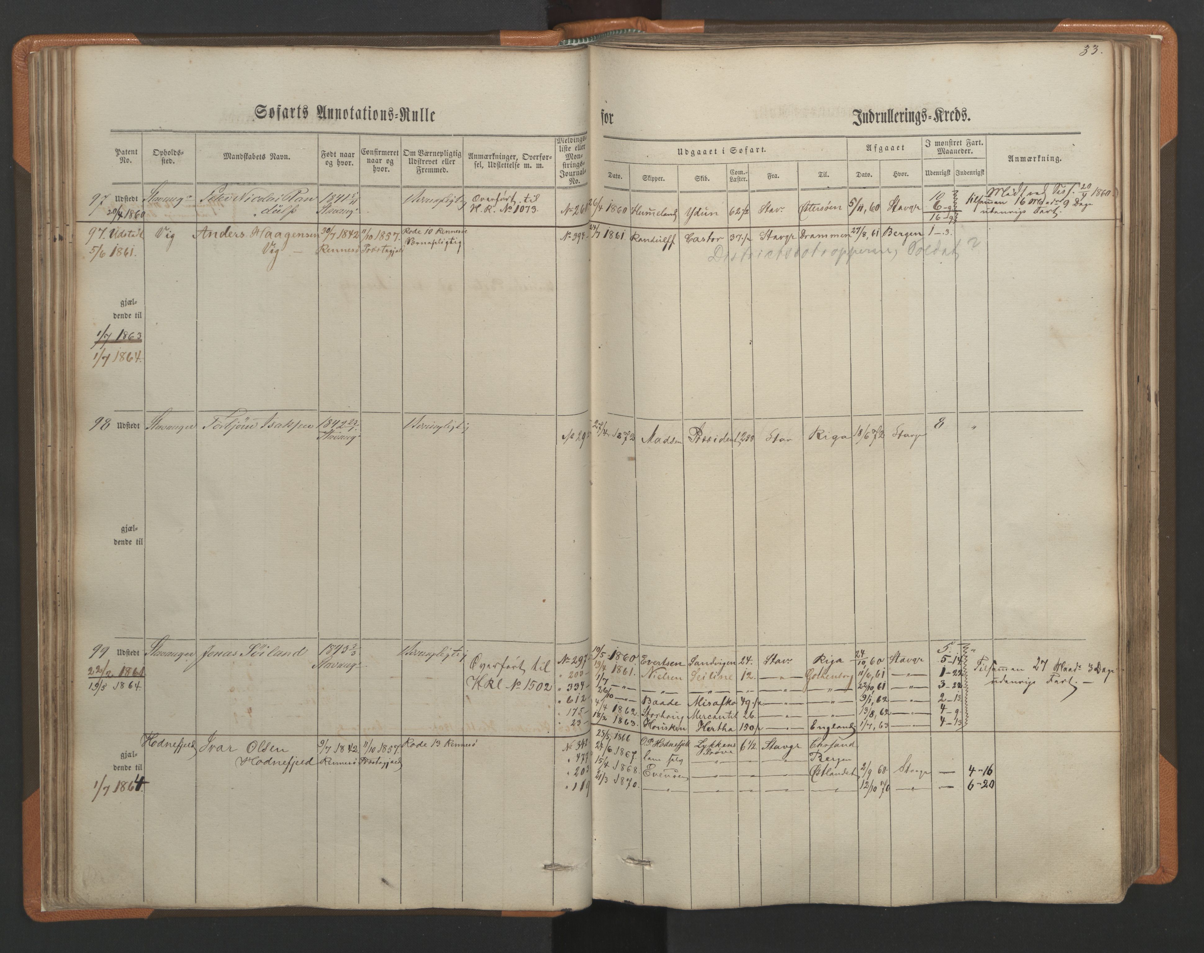 Stavanger sjømannskontor, AV/SAST-A-102006/F/Ff/L0001: Annotasjonsrulle, patentnr. 1-597 (del 1), 1860-1864, s. 40