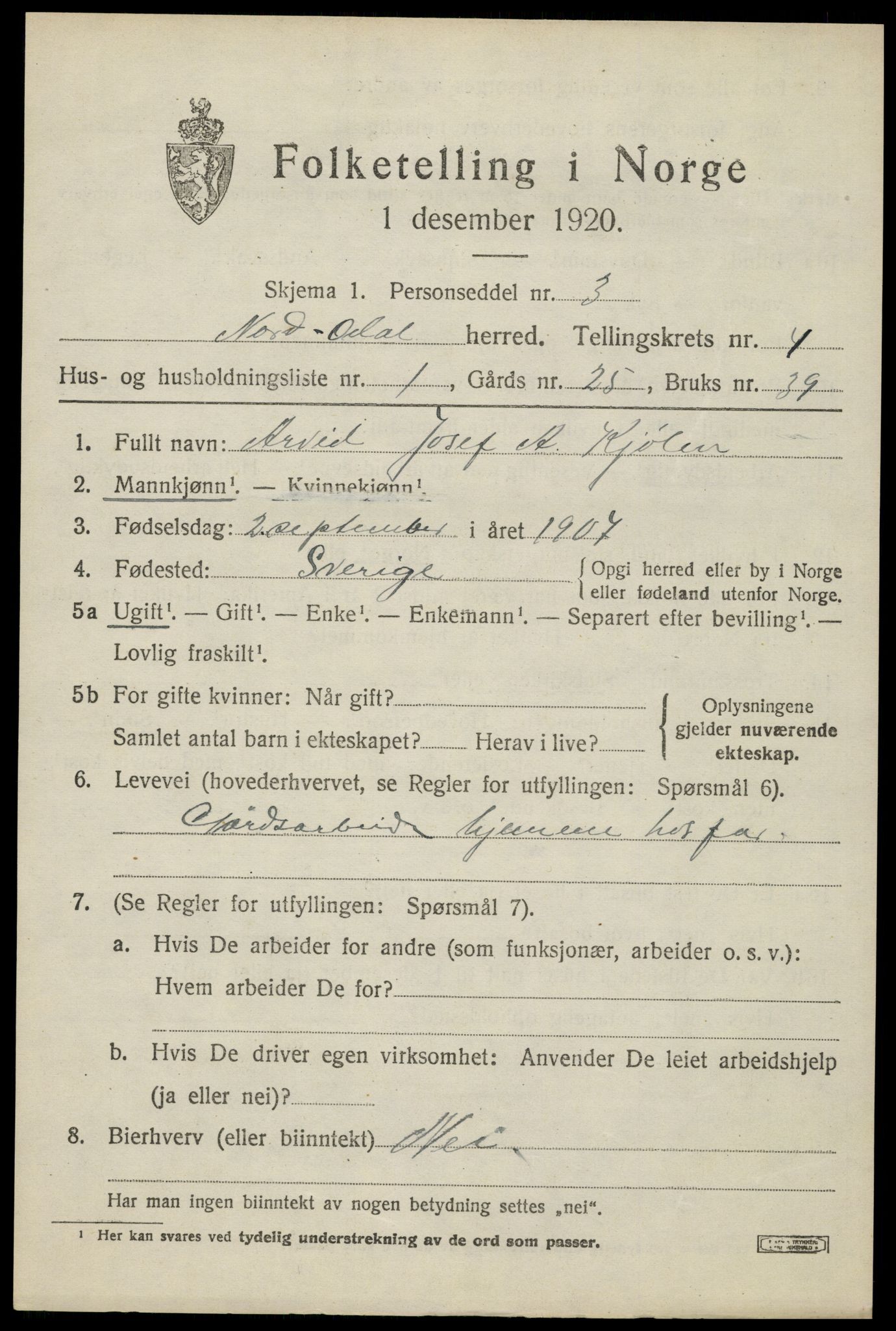 SAH, Folketelling 1920 for 0418 Nord-Odal herred, 1920, s. 4651