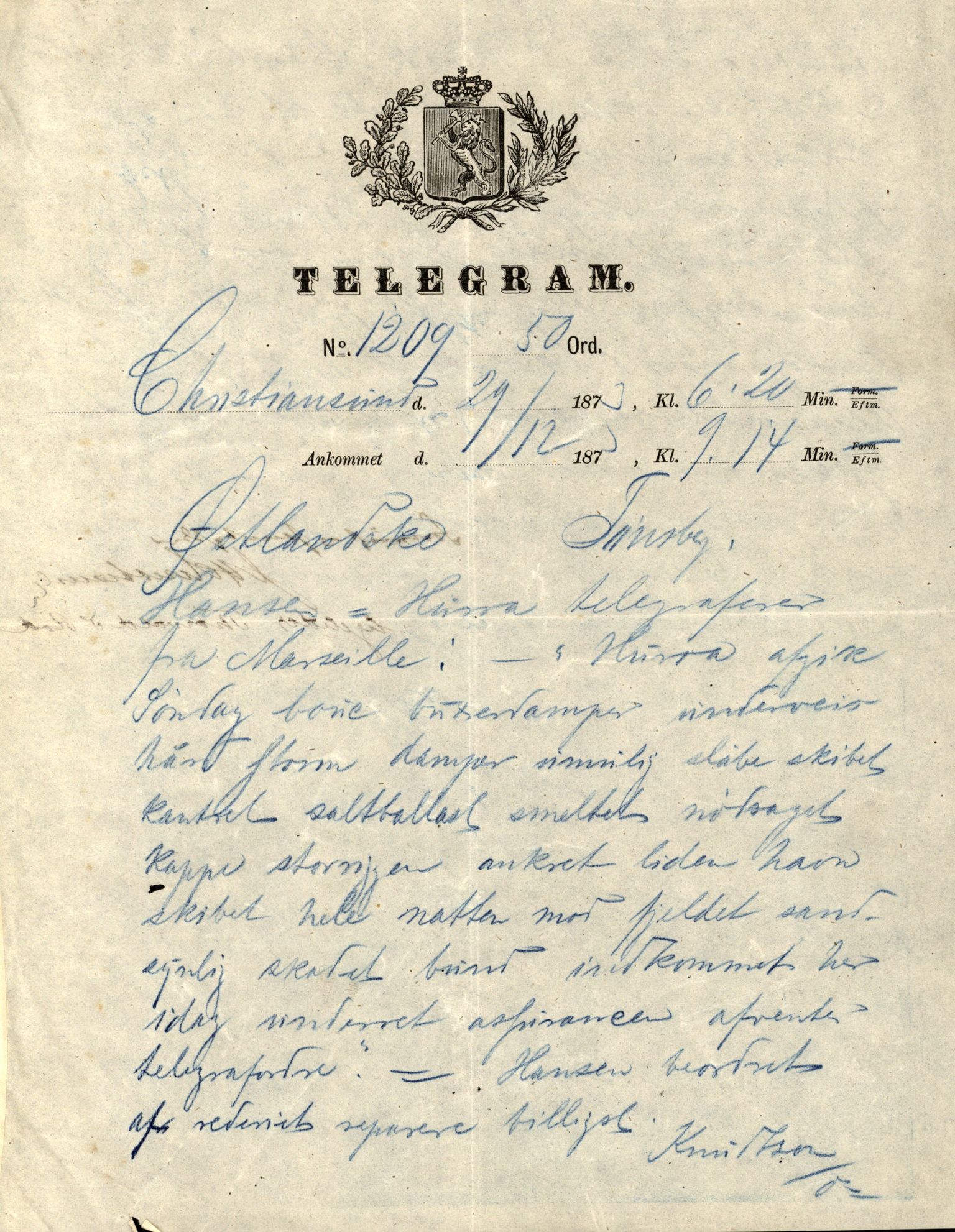 Pa 63 - Østlandske skibsassuranceforening, VEMU/A-1079/G/Ga/L0005/0007: Havaridokumenter / Hurra, 1873