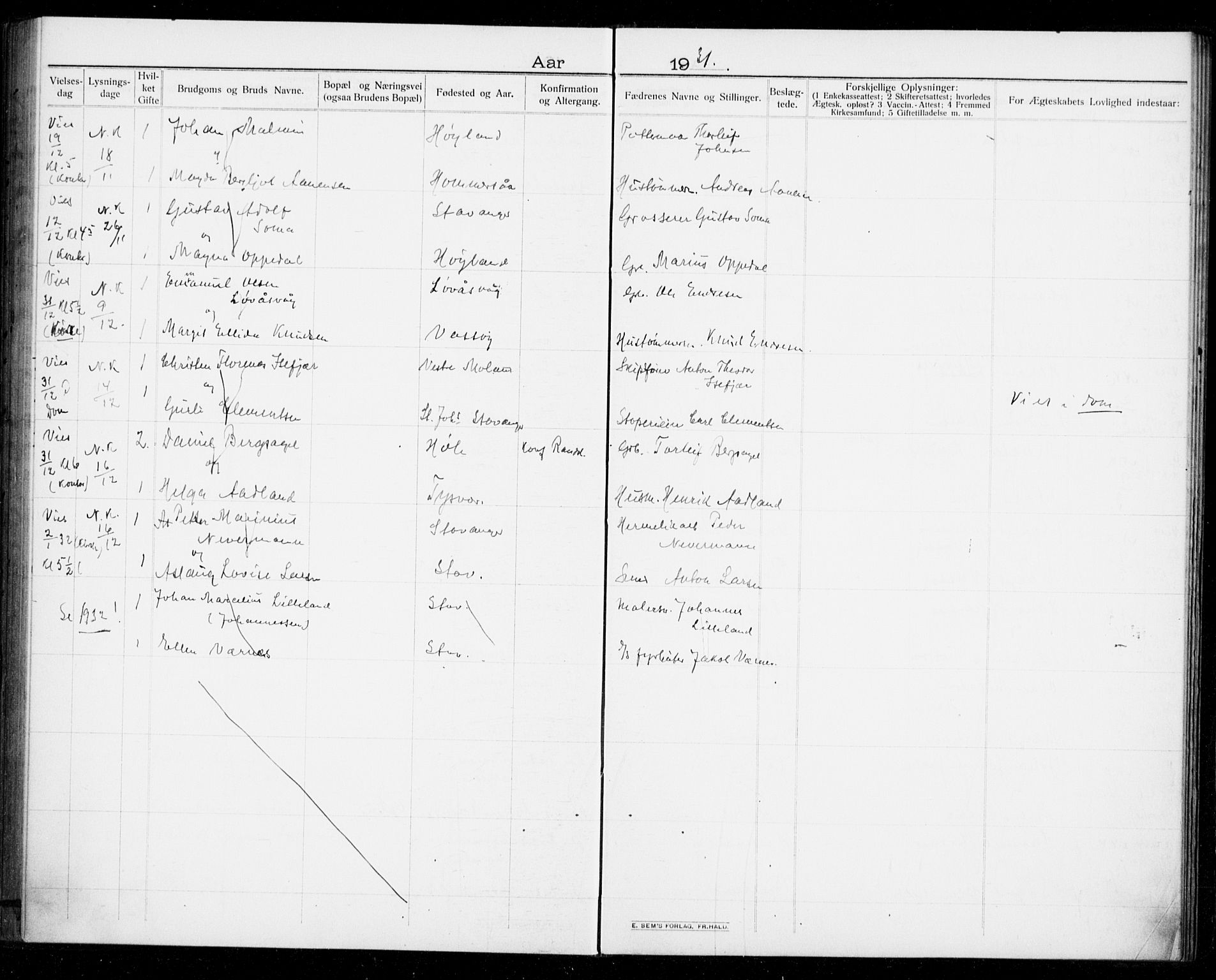 Hetland sokneprestkontor, SAST/A-101826/70/705BA/L0005: Lysningsprotokoll nr. 705.BA.5, 1911-1935