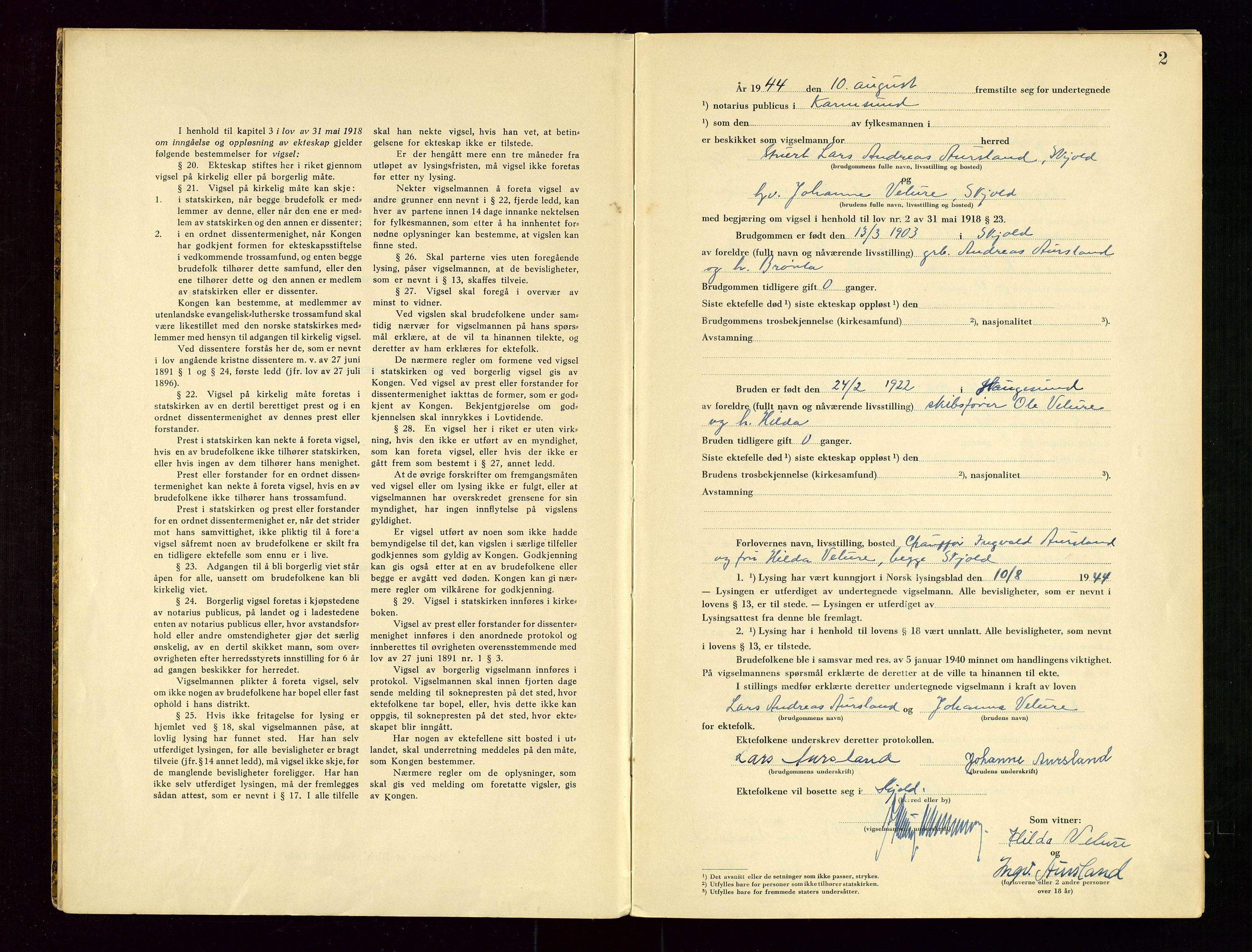Karmsund sorenskriveri, SAST/A-100311/01/III/IIICBA/L0004: VIGSELSBOK, 1944-1948, s. 2