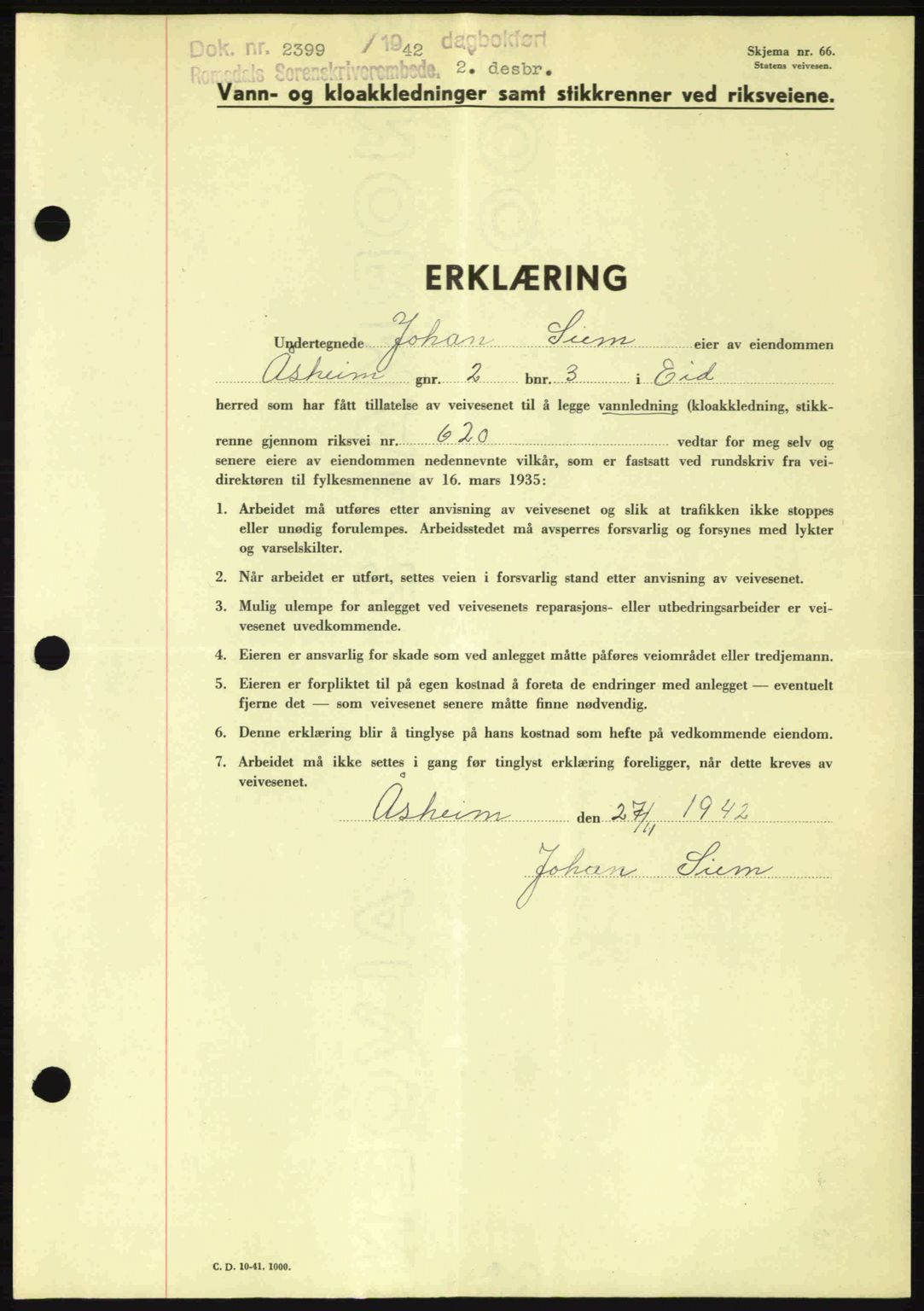 Romsdal sorenskriveri, SAT/A-4149/1/2/2C: Pantebok nr. B2, 1939-1945, Dagboknr: 2399/1942