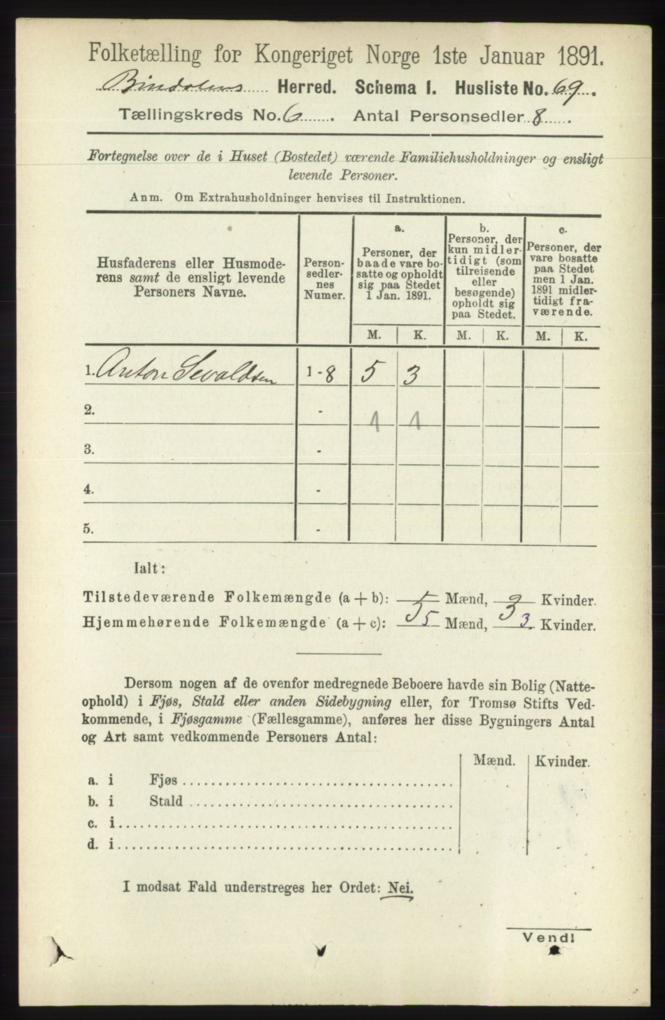 RA, Folketelling 1891 for 1811 Bindal herred, 1891, s. 1709