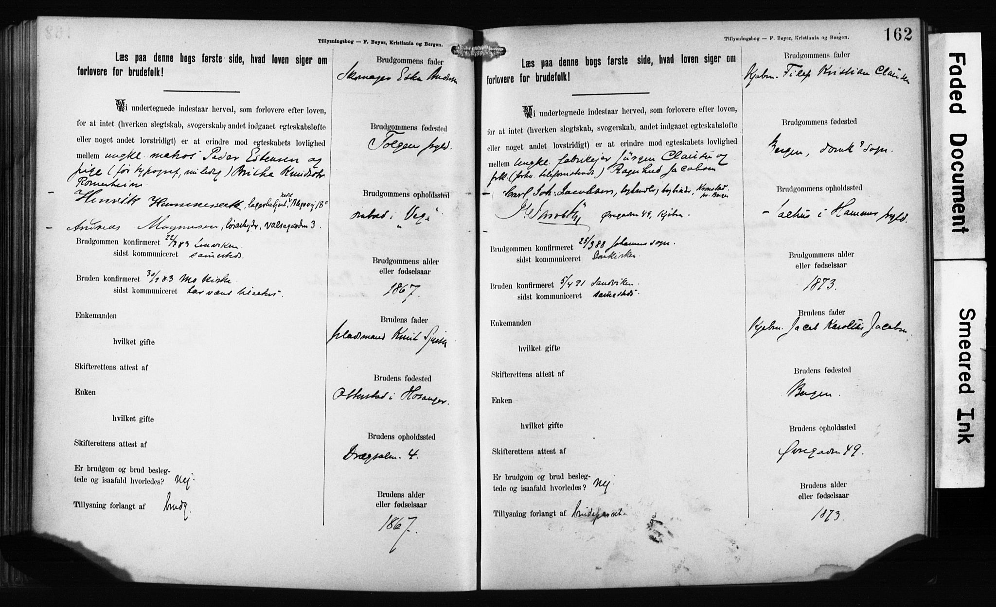 Mariakirken Sokneprestembete, SAB/A-76901: Forlovererklæringer nr. II.5.1, 1891-1901, s. 162