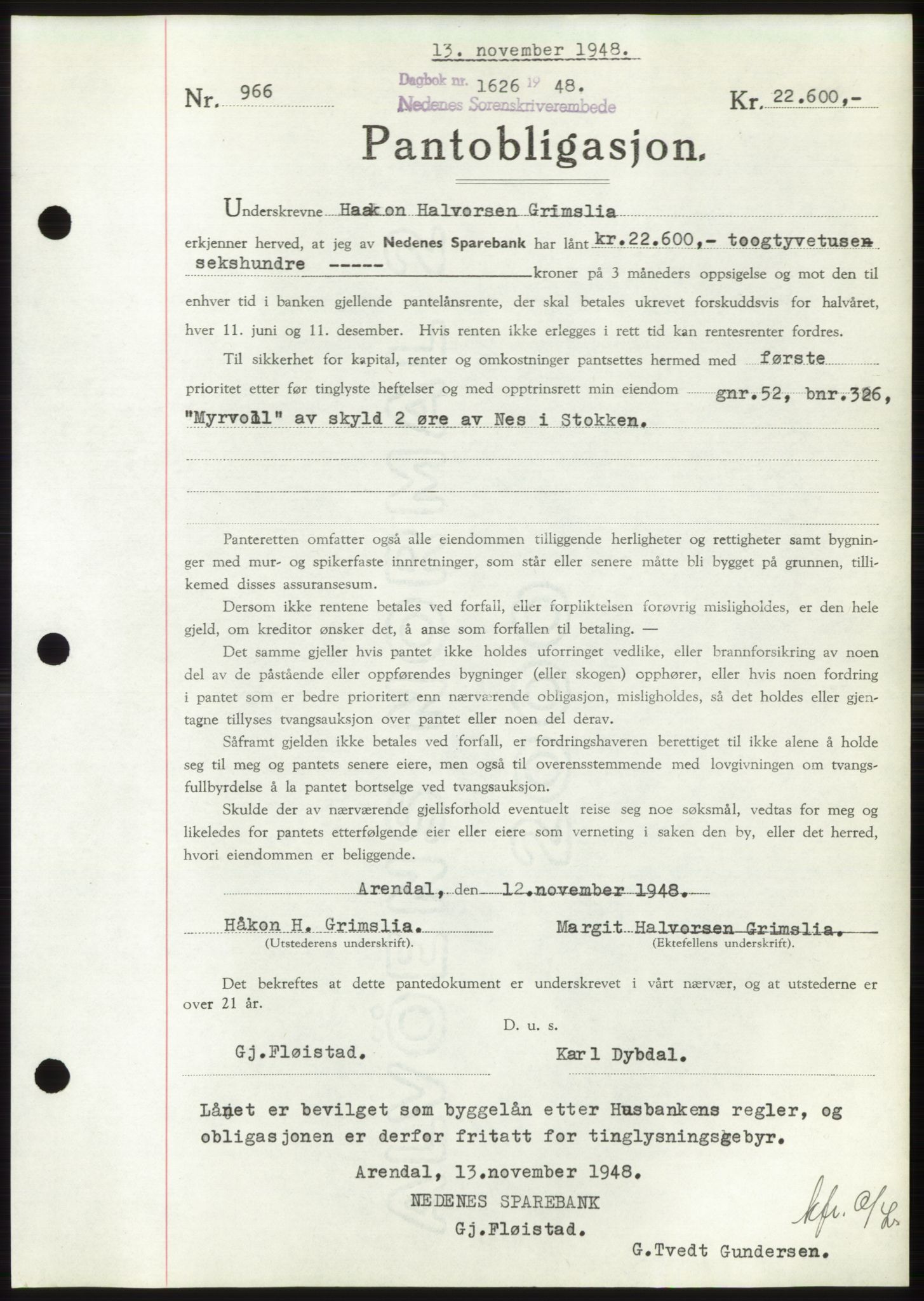 Nedenes sorenskriveri, AV/SAK-1221-0006/G/Gb/Gbb/L0005: Pantebok nr. B5, 1948-1948, Dagboknr: 1626/1948