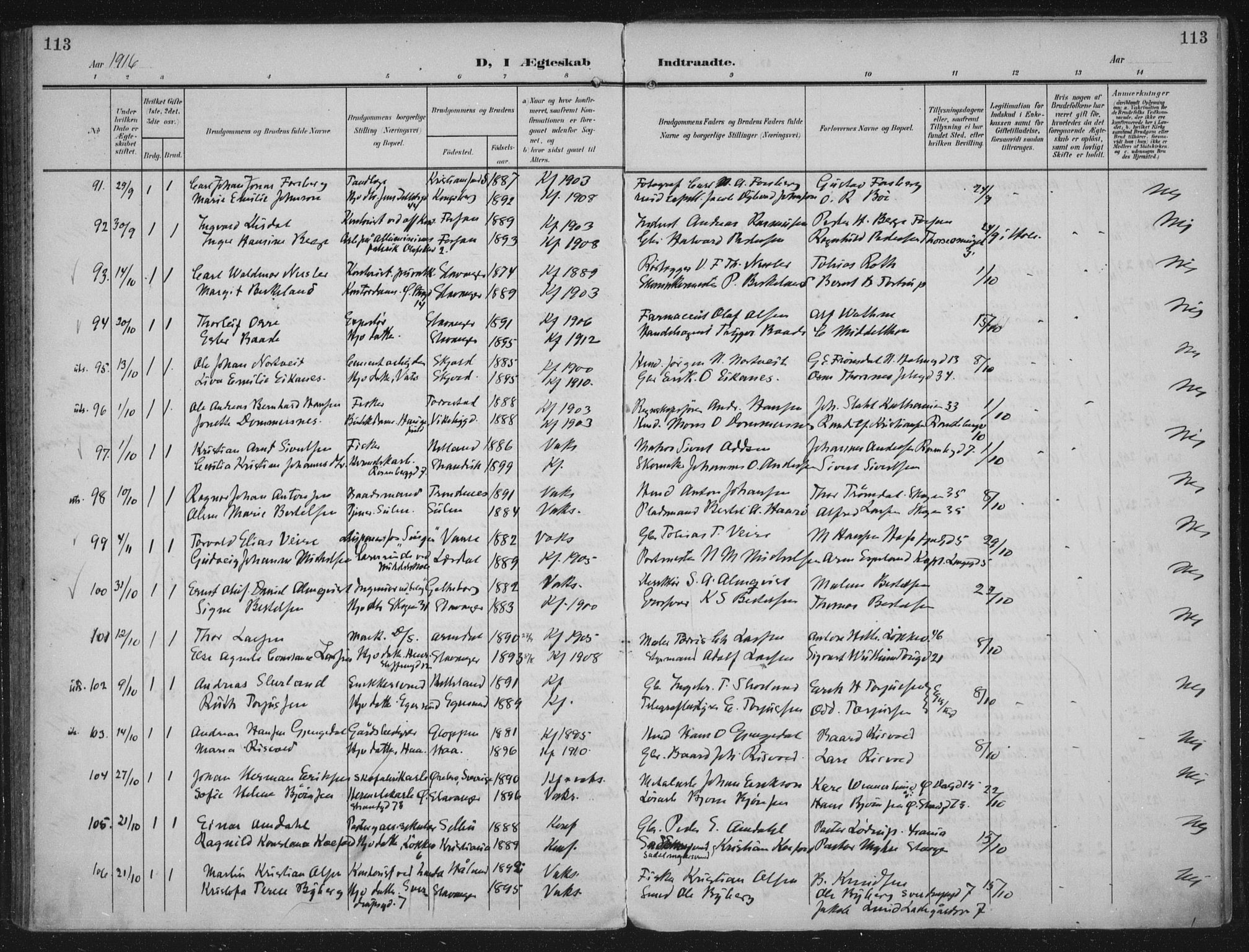 Domkirken sokneprestkontor, AV/SAST-A-101812/002/A/L0016: Ministerialbok nr. A 33, 1905-1922, s. 113