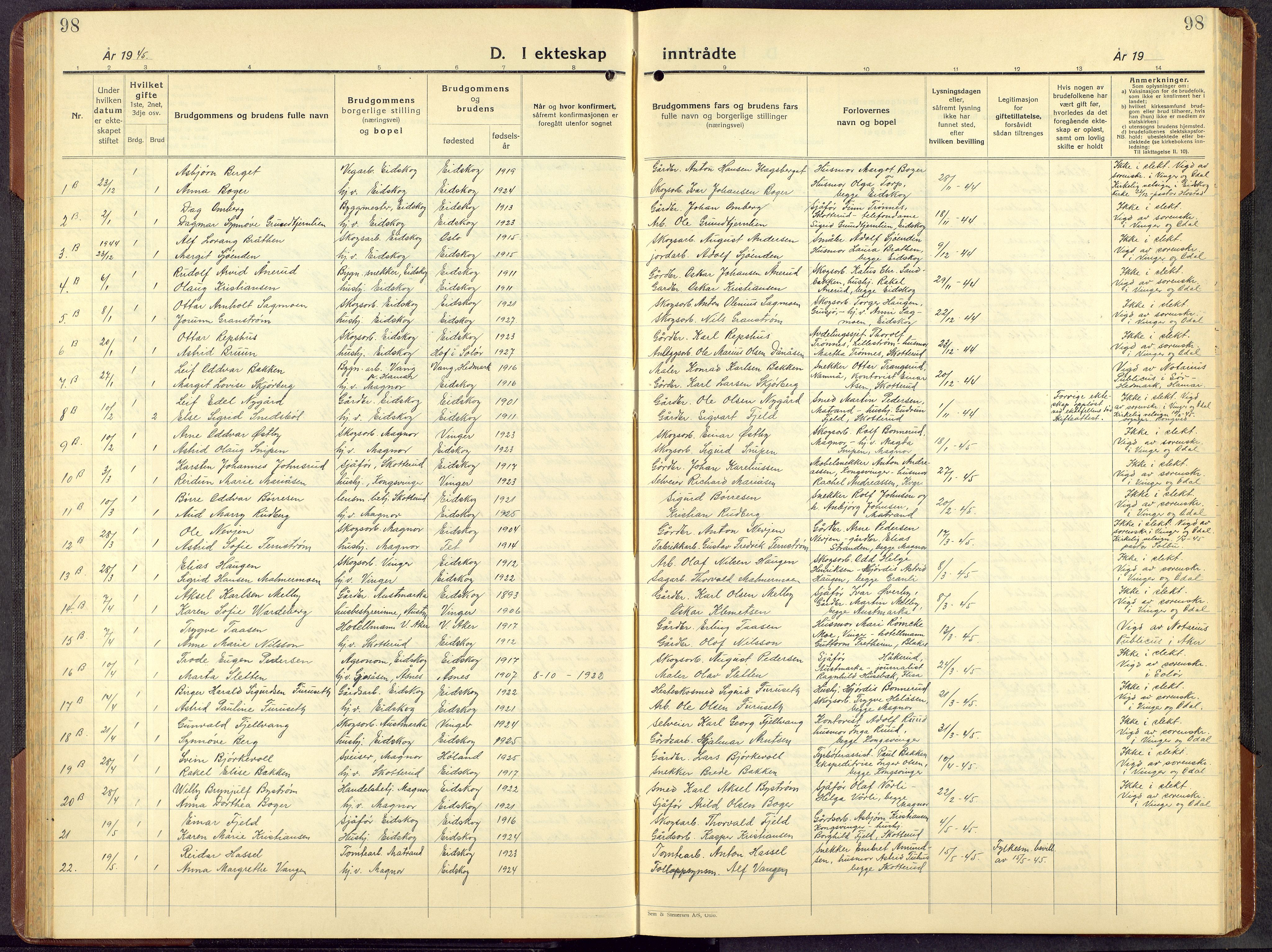 Eidskog prestekontor, AV/SAH-PREST-026/H/Ha/Hab/L0008: Klokkerbok nr. 8, 1938-1959, s. 98