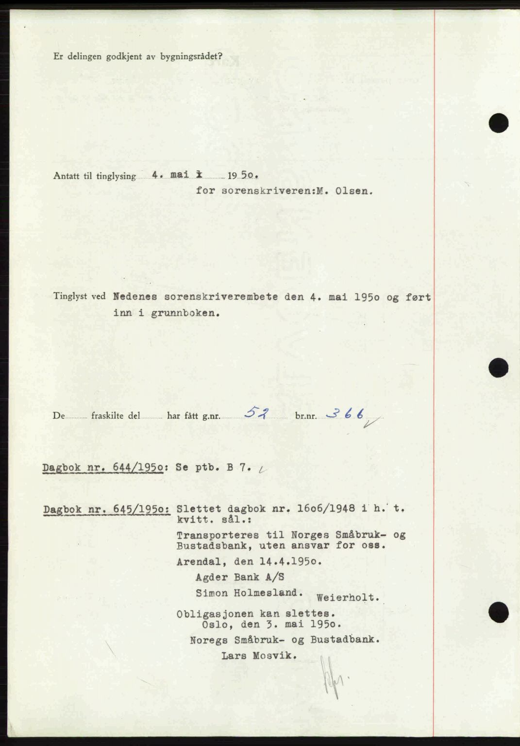 Nedenes sorenskriveri, AV/SAK-1221-0006/G/Gb/Gba/L0062: Pantebok nr. A14, 1949-1950, Dagboknr: 643/1950