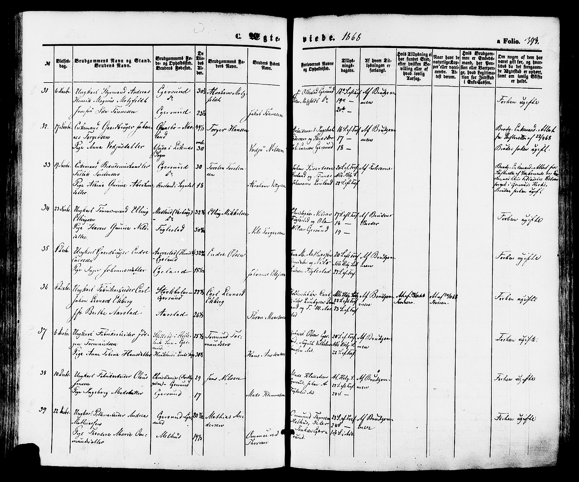 Eigersund sokneprestkontor, AV/SAST-A-101807/001/30/30BA/L0014: Ministerialbok nr. A 13, 1866-1878, s. 393