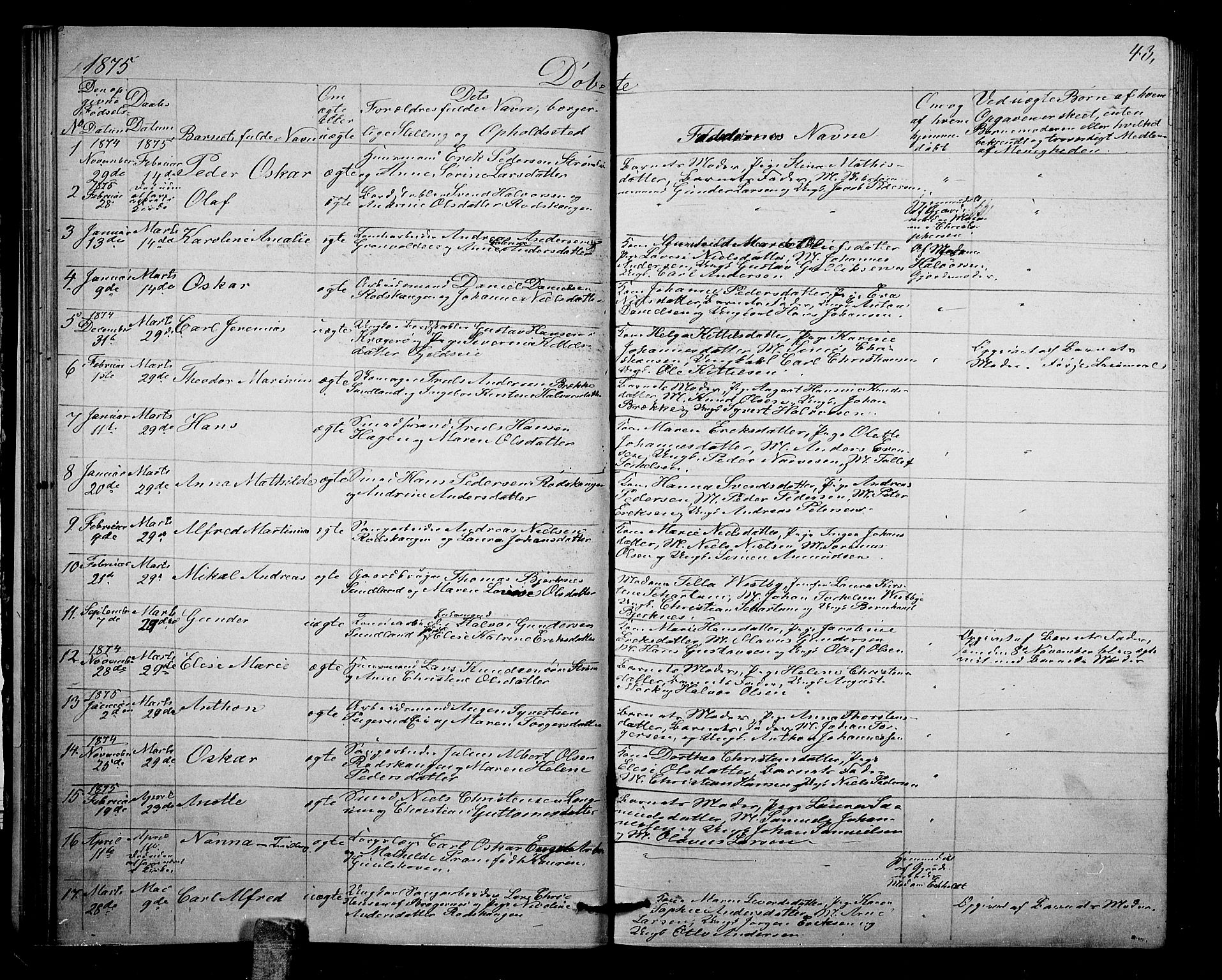 Strømsgodset kirkebøker, AV/SAKO-A-324/G/Ga/L0001: Klokkerbok nr. 1, 1860-1884, s. 43