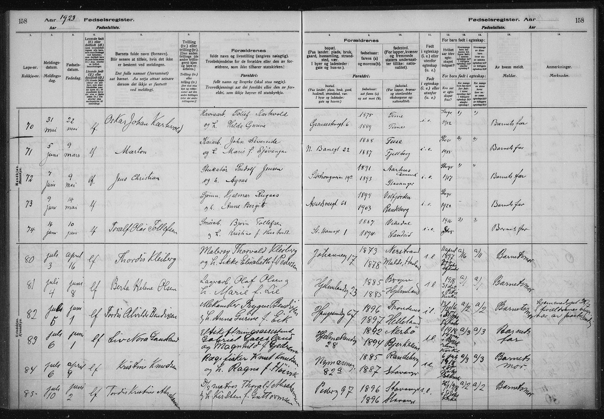 St. Johannes sokneprestkontor, AV/SAST-A-101814/002/A/L0002: Fødselsregister nr. 2, 1919-1924, s. 158