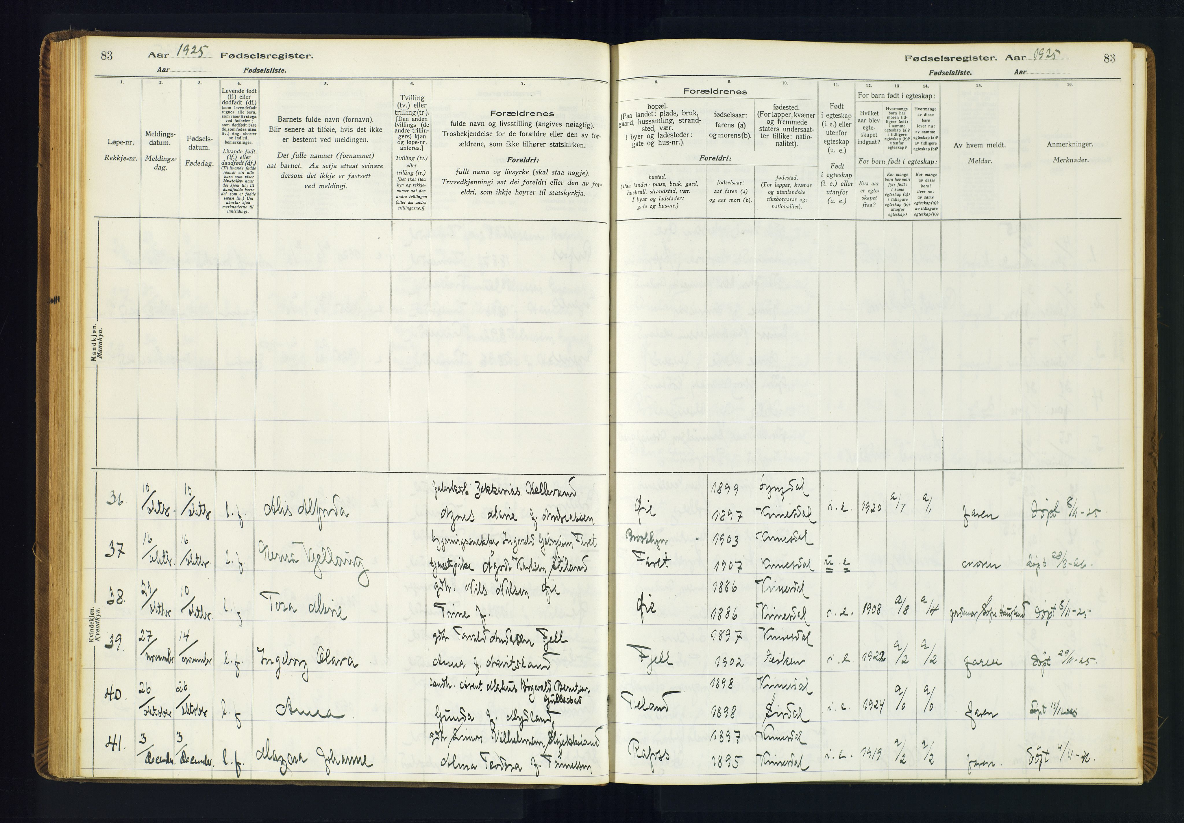 Kvinesdal sokneprestkontor, AV/SAK-1111-0026/J/Ja/L0001: Fødselsregister nr. 1, 1916-1941, s. 83