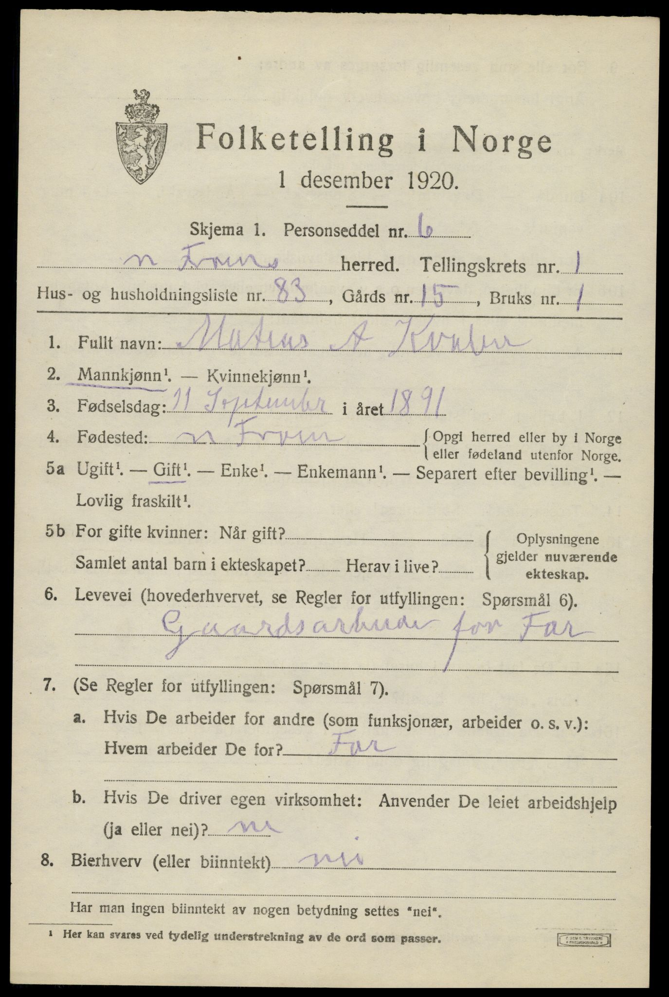 SAH, Folketelling 1920 for 0518 Nord-Fron herred, 1920, s. 2664