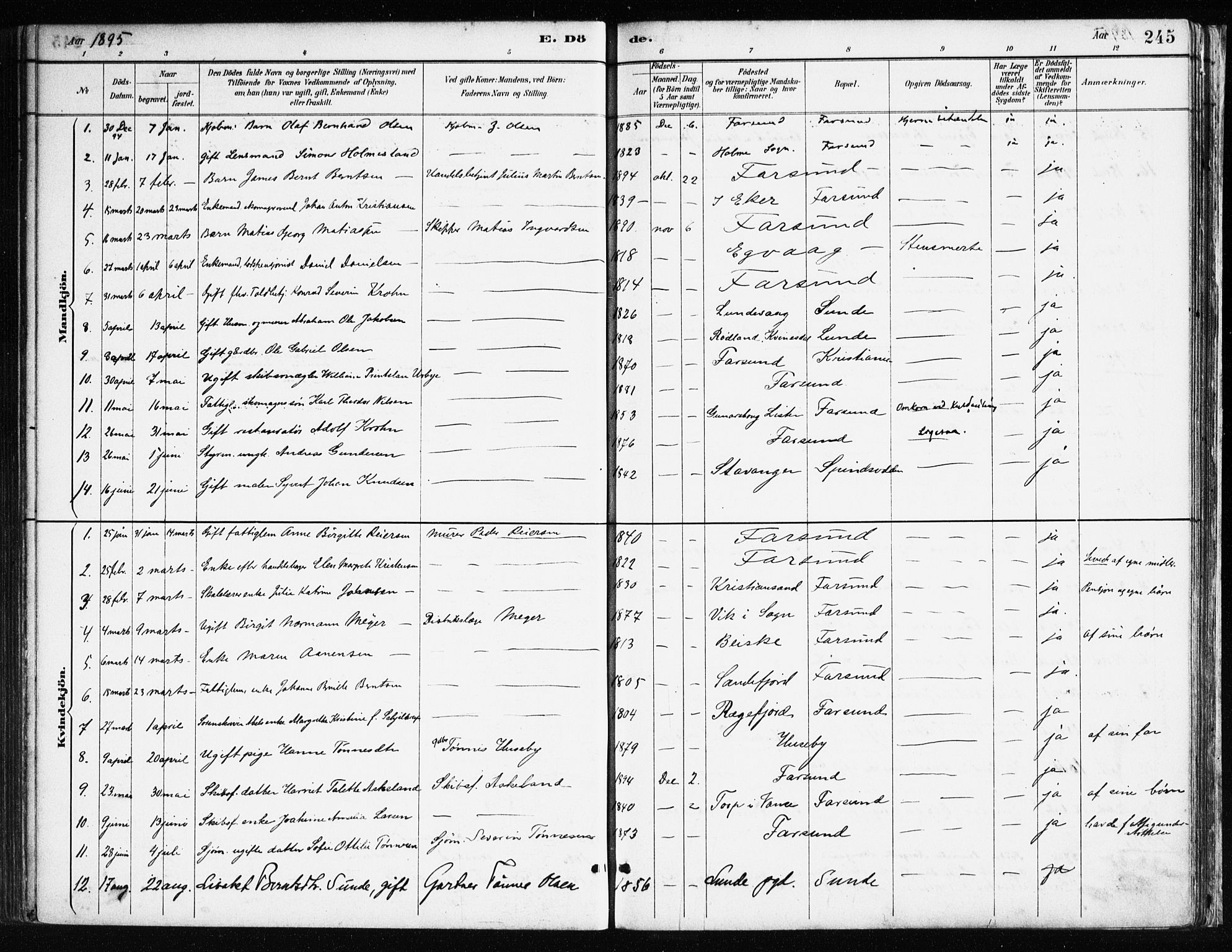 Farsund sokneprestkontor, AV/SAK-1111-0009/F/Fa/L0006: Ministerialbok nr. A 6, 1887-1920, s. 245