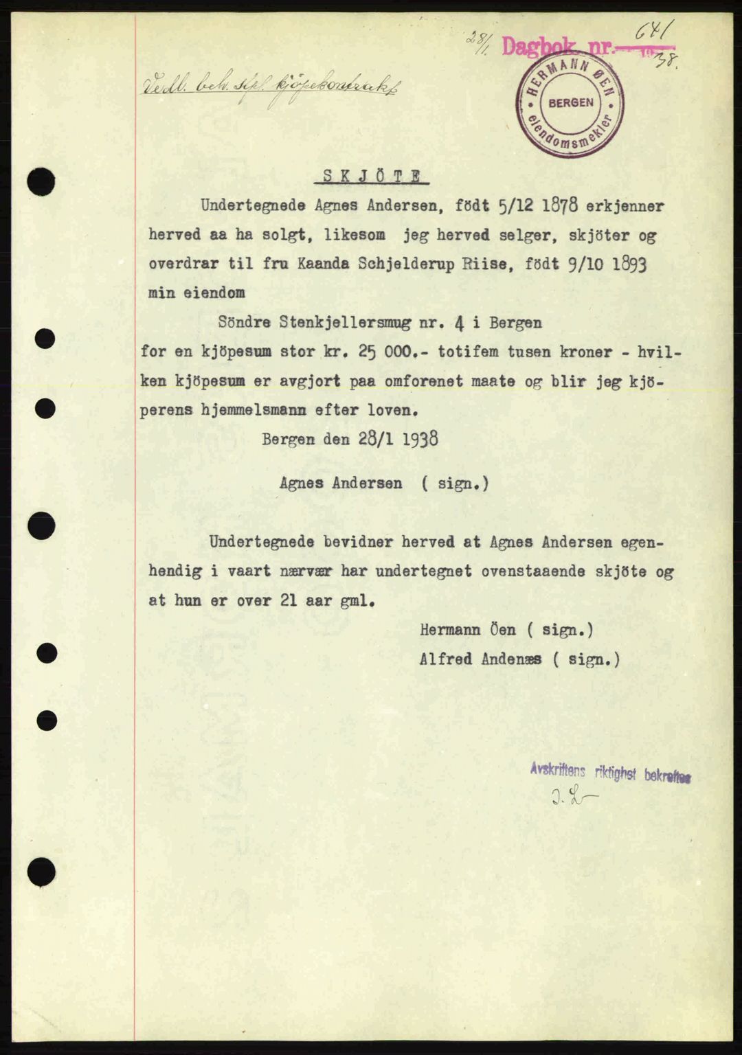 Byfogd og Byskriver i Bergen, SAB/A-3401/03/03Bc/L0006: Pantebok nr. A5, 1937-1938, Dagboknr: 641/1938