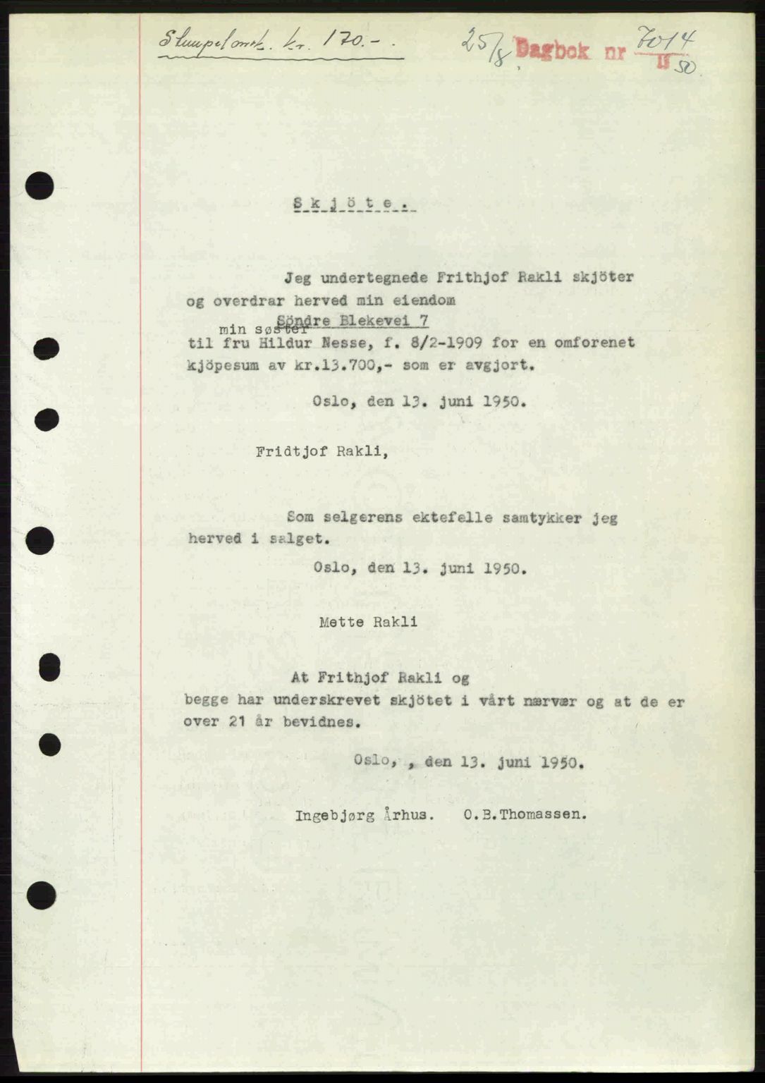 Byfogd og Byskriver i Bergen, AV/SAB-A-3401/03/03Bc/L0033: Pantebok nr. A26-27, 1950-1950, Dagboknr: 7014/1950