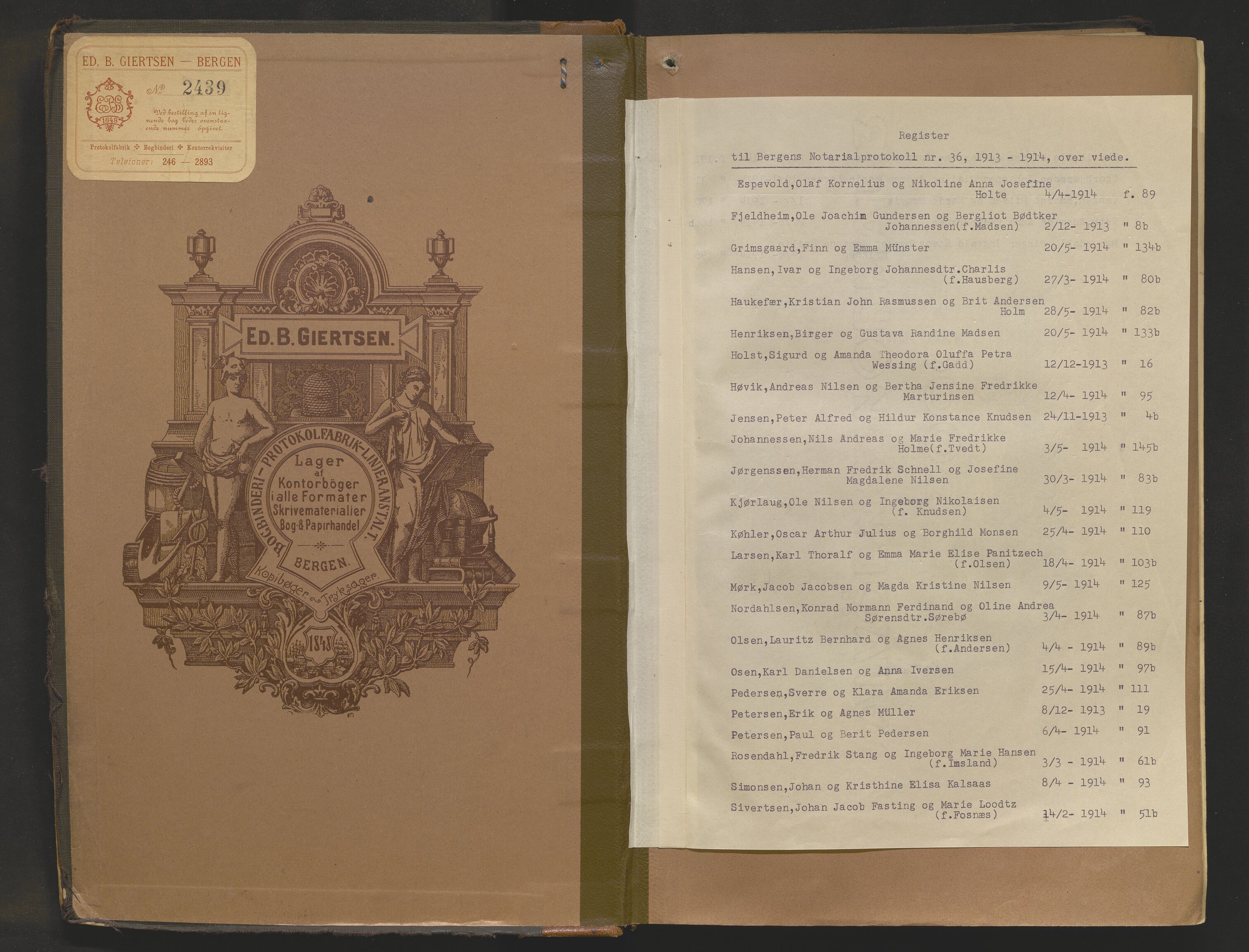 Byfogd og Byskriver i Bergen, SAB/A-3401/10/10A/L0036: Notarialprotokoller, 1913-1914