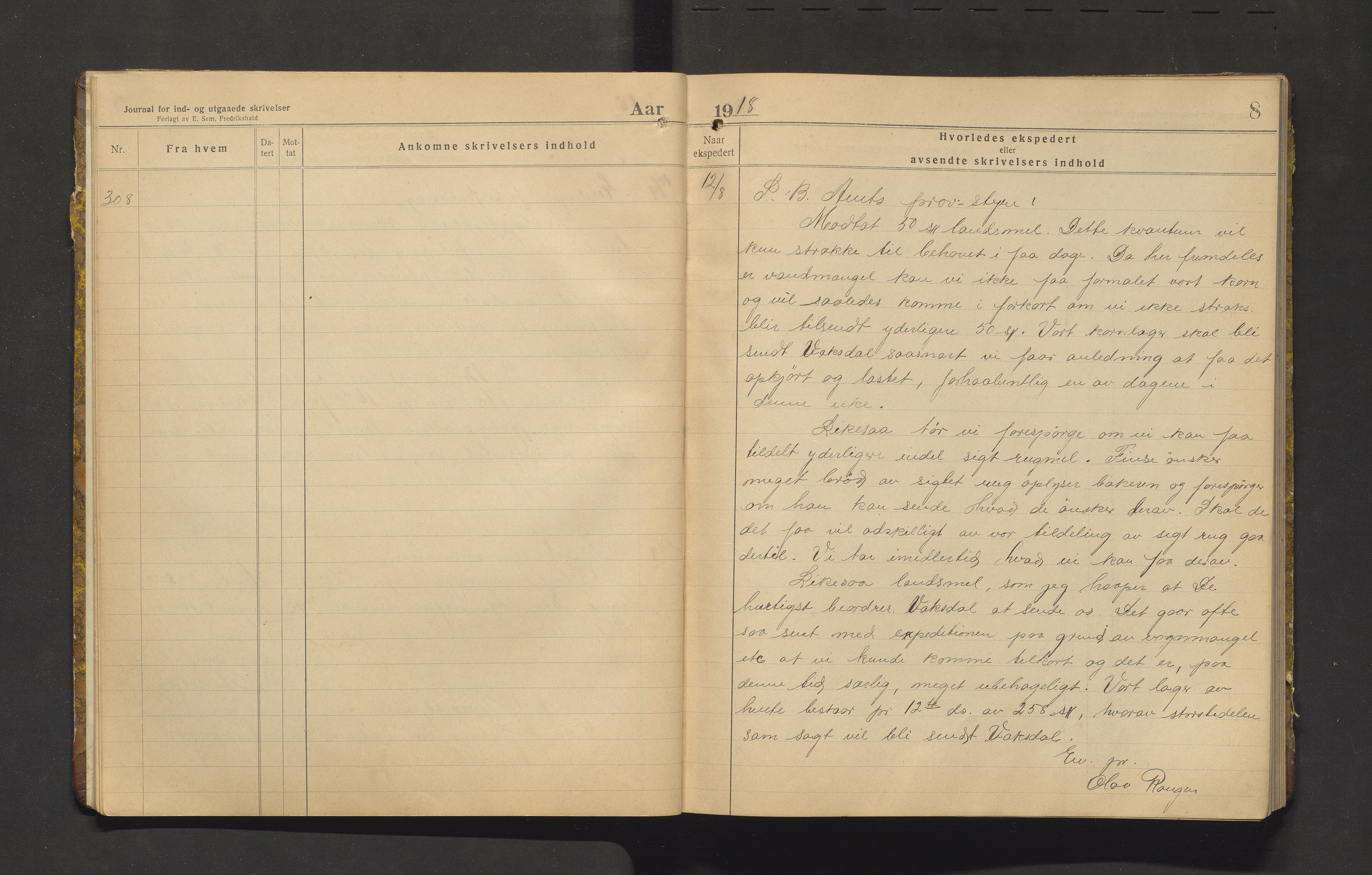 Evanger kommune. Provianteringsrådet , IKAH/1237-840/C/Ca/L0002: Brevjournal for Evanger provianteringsråd, 1918-1919