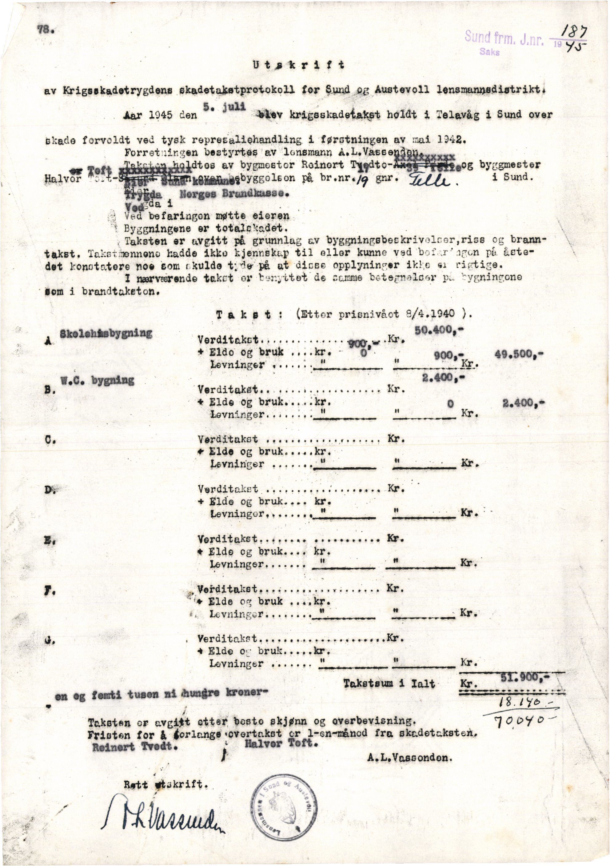 Sund kommune. Formannskapet, IKAH/1245-021/E/Ec/L0013/0002/0001: Emneordna korrespondanse. Skulestellet / Skulestellet: Telavåg skule, 1946