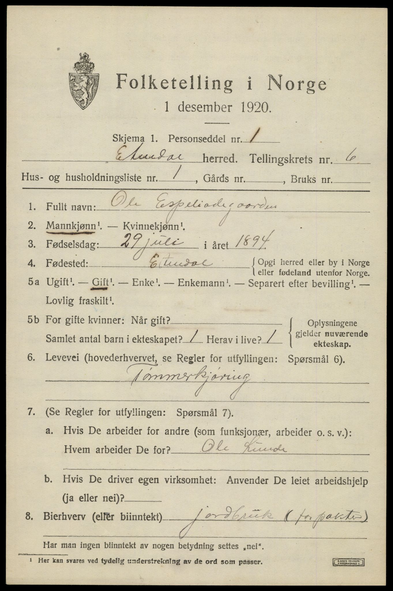 SAH, Folketelling 1920 for 0541 Etnedal herred, 1920, s. 2240