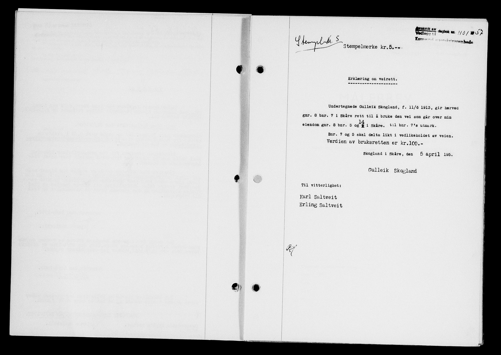 Karmsund sorenskriveri, SAST/A-100311/01/II/IIB/L0124: Pantebok nr. 104A, 1957-1957, Dagboknr: 1101/1957
