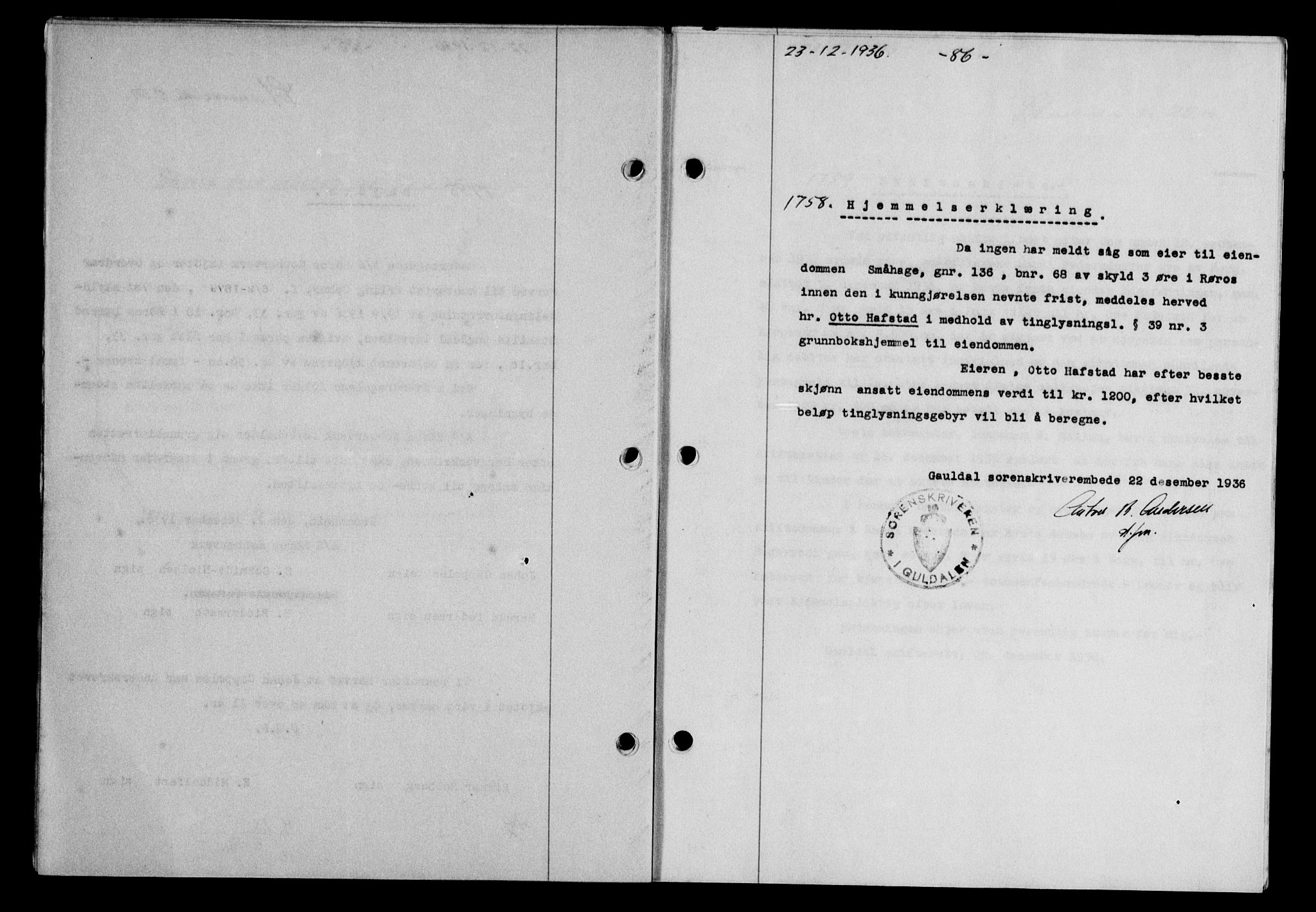 Gauldal sorenskriveri, SAT/A-0014/1/2/2C/L0046: Pantebok nr. 49-50, 1936-1937, Dagboknr: 1758/1936