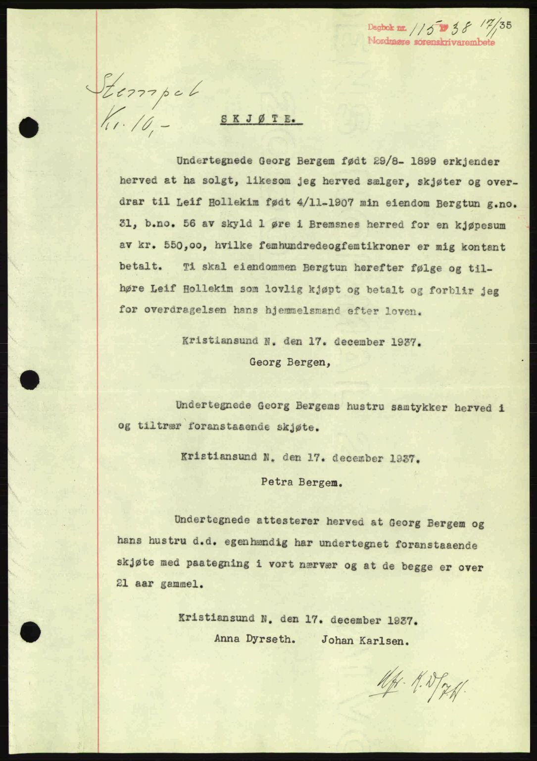 Nordmøre sorenskriveri, SAT/A-4132/1/2/2Ca: Pantebok nr. A83, 1938-1938, Dagboknr: 115/1938