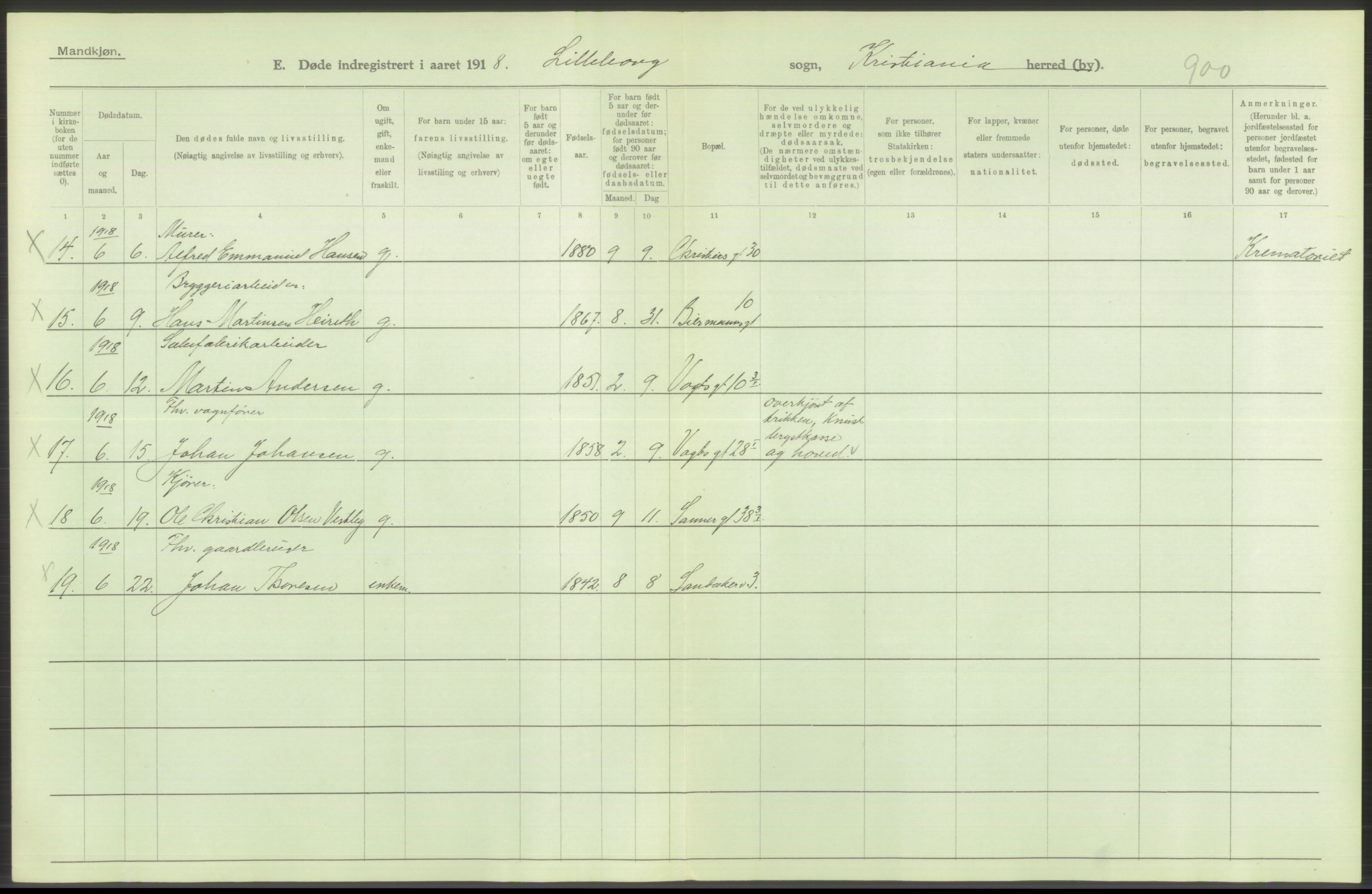 Statistisk sentralbyrå, Sosiodemografiske emner, Befolkning, AV/RA-S-2228/D/Df/Dfb/Dfbh/L0010: Kristiania: Døde, 1918, s. 438