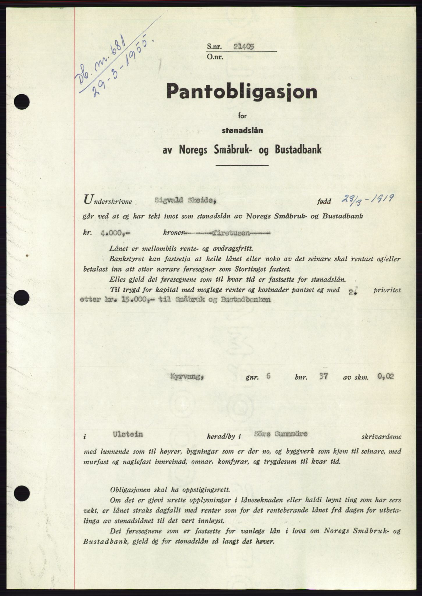 Søre Sunnmøre sorenskriveri, AV/SAT-A-4122/1/2/2C/L0126: Pantebok nr. 14B, 1954-1955, Dagboknr: 681/1955