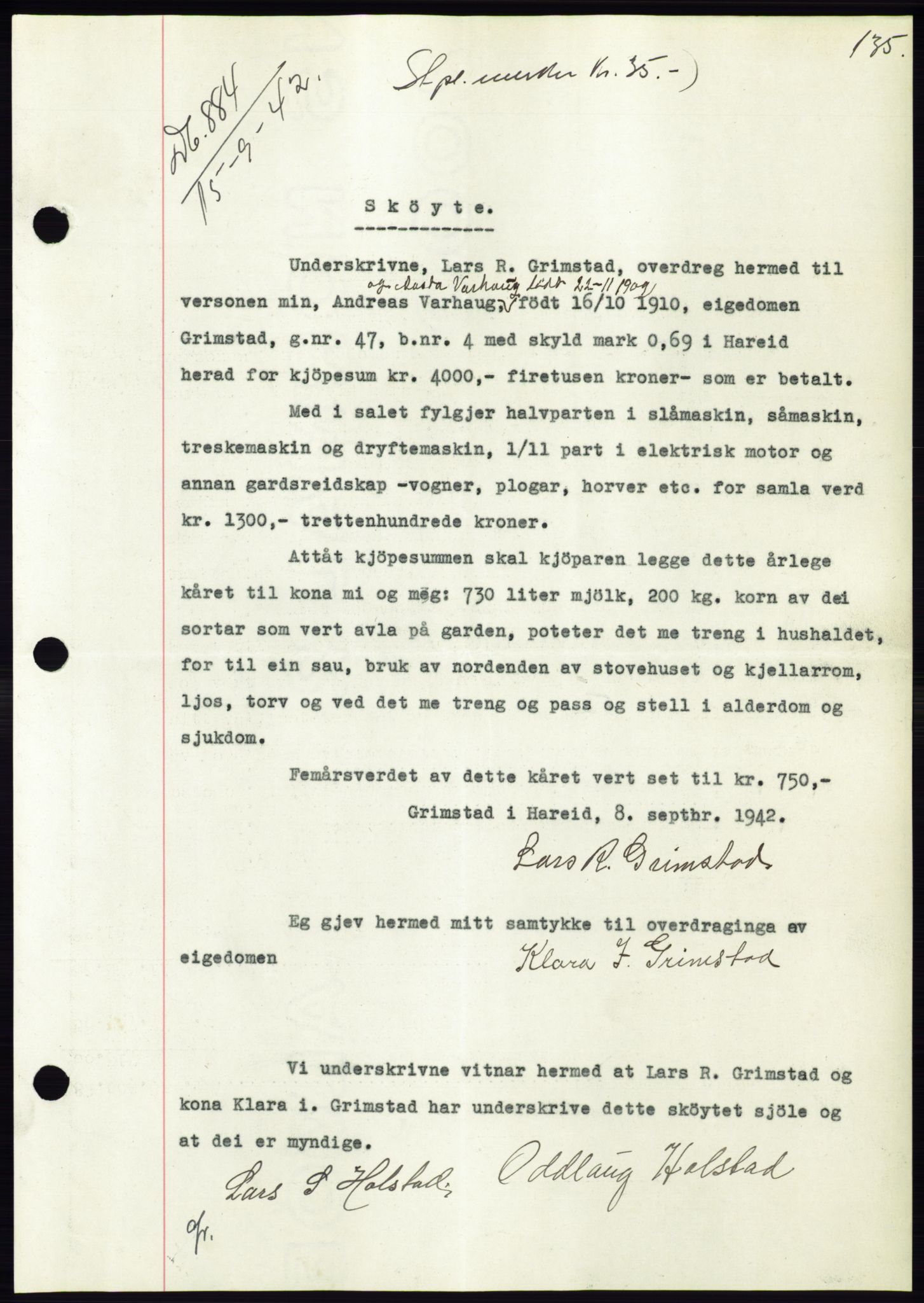 Søre Sunnmøre sorenskriveri, SAT/A-4122/1/2/2C/L0074: Pantebok nr. 68, 1942-1943, Dagboknr: 884/1942