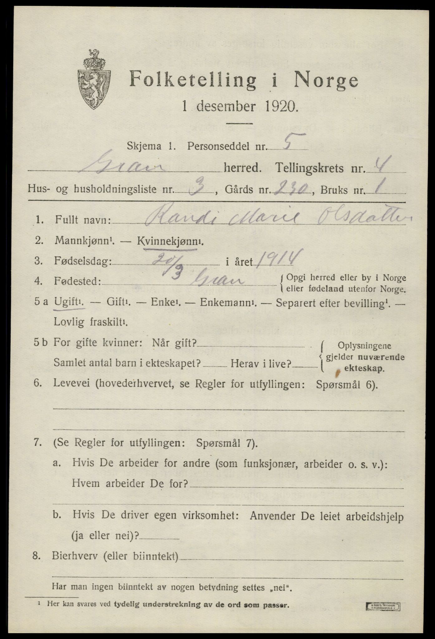 SAH, Folketelling 1920 for 0534 Gran herred, 1920, s. 6378