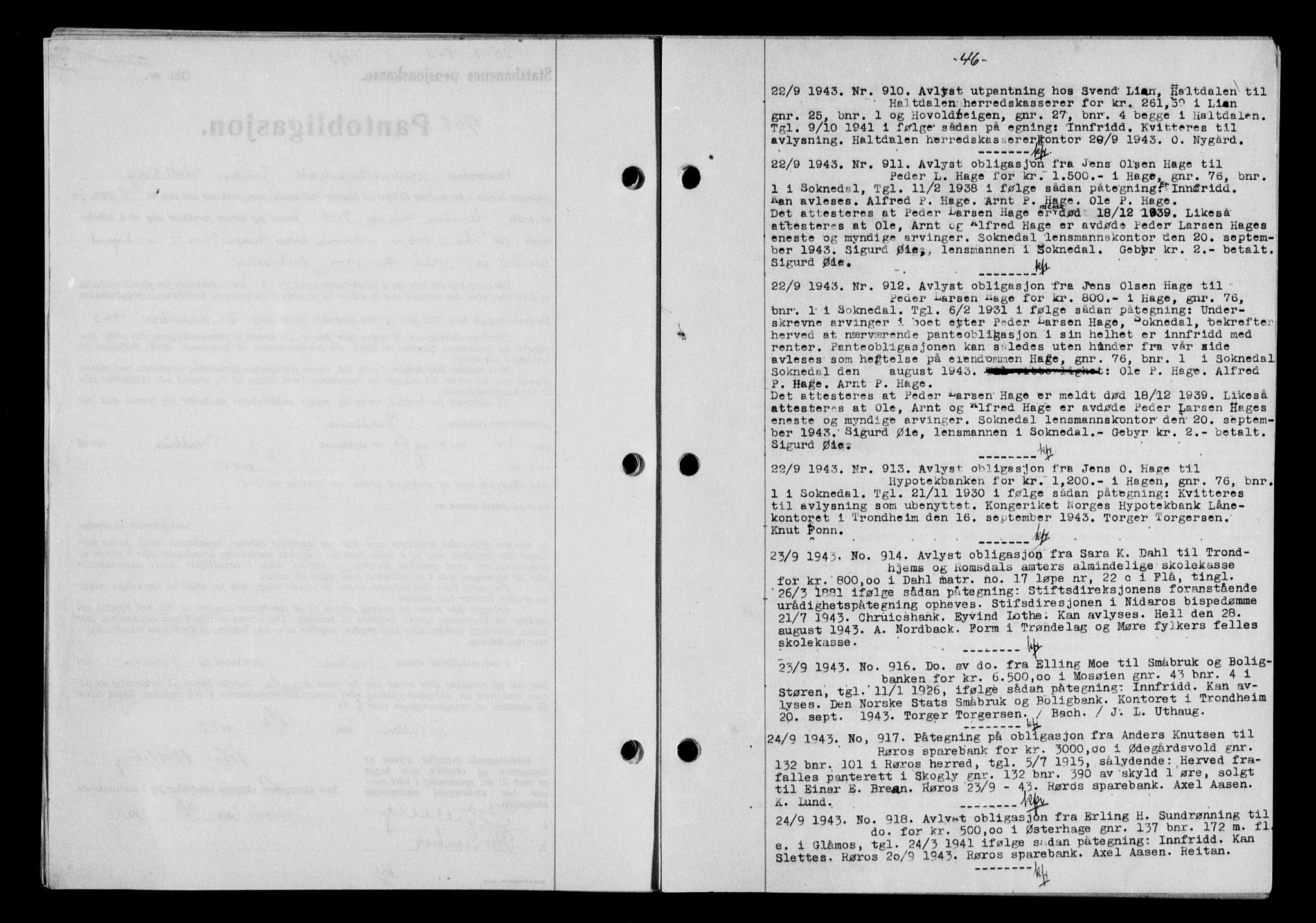 Gauldal sorenskriveri, SAT/A-0014/1/2/2C/L0057: Pantebok nr. 62, 1943-1944, Dagboknr: 910/1943