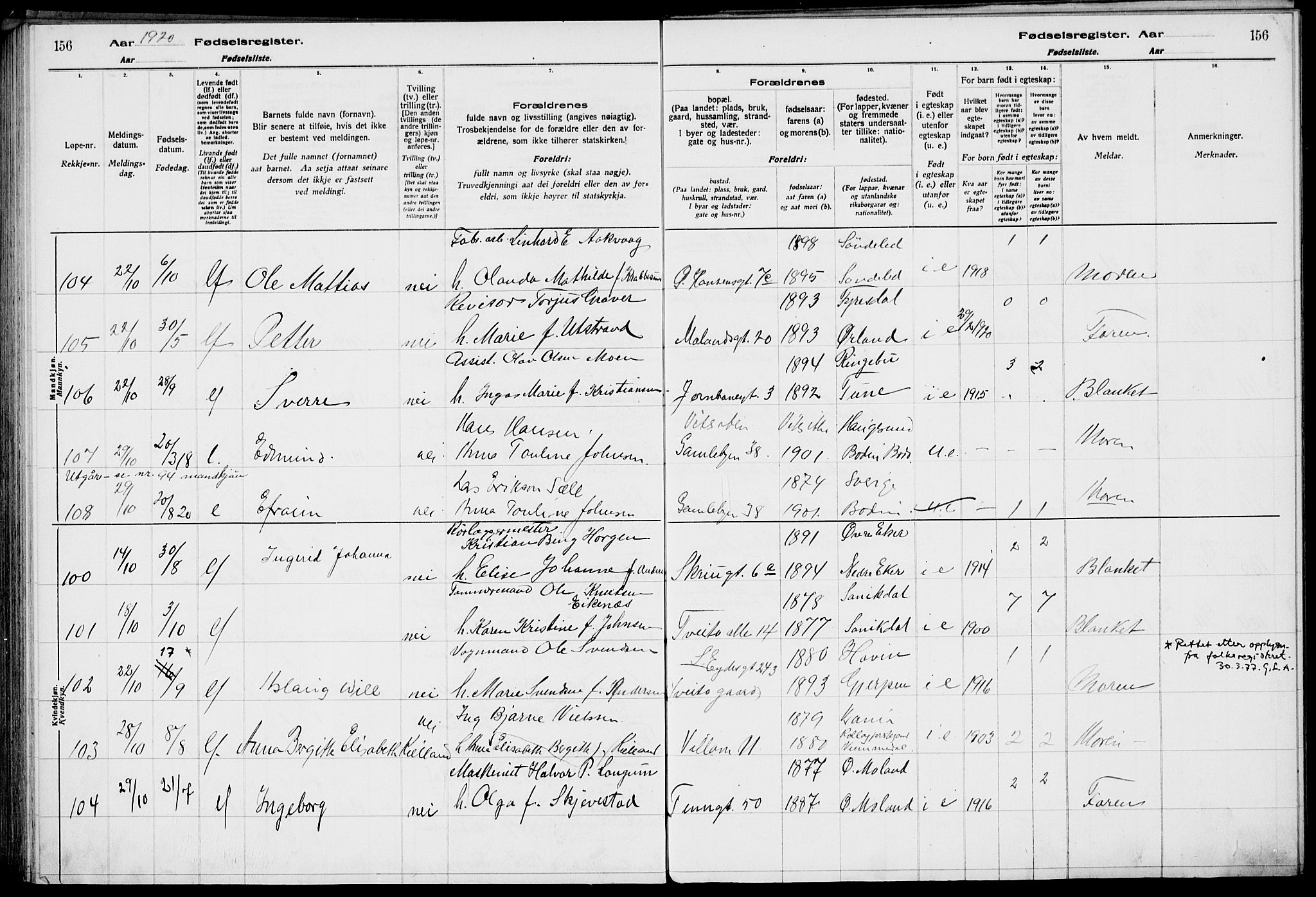Rjukan kirkebøker, AV/SAKO-A-294/J/Ja/L0001: Fødselsregister nr. 1, 1916-1922, s. 156