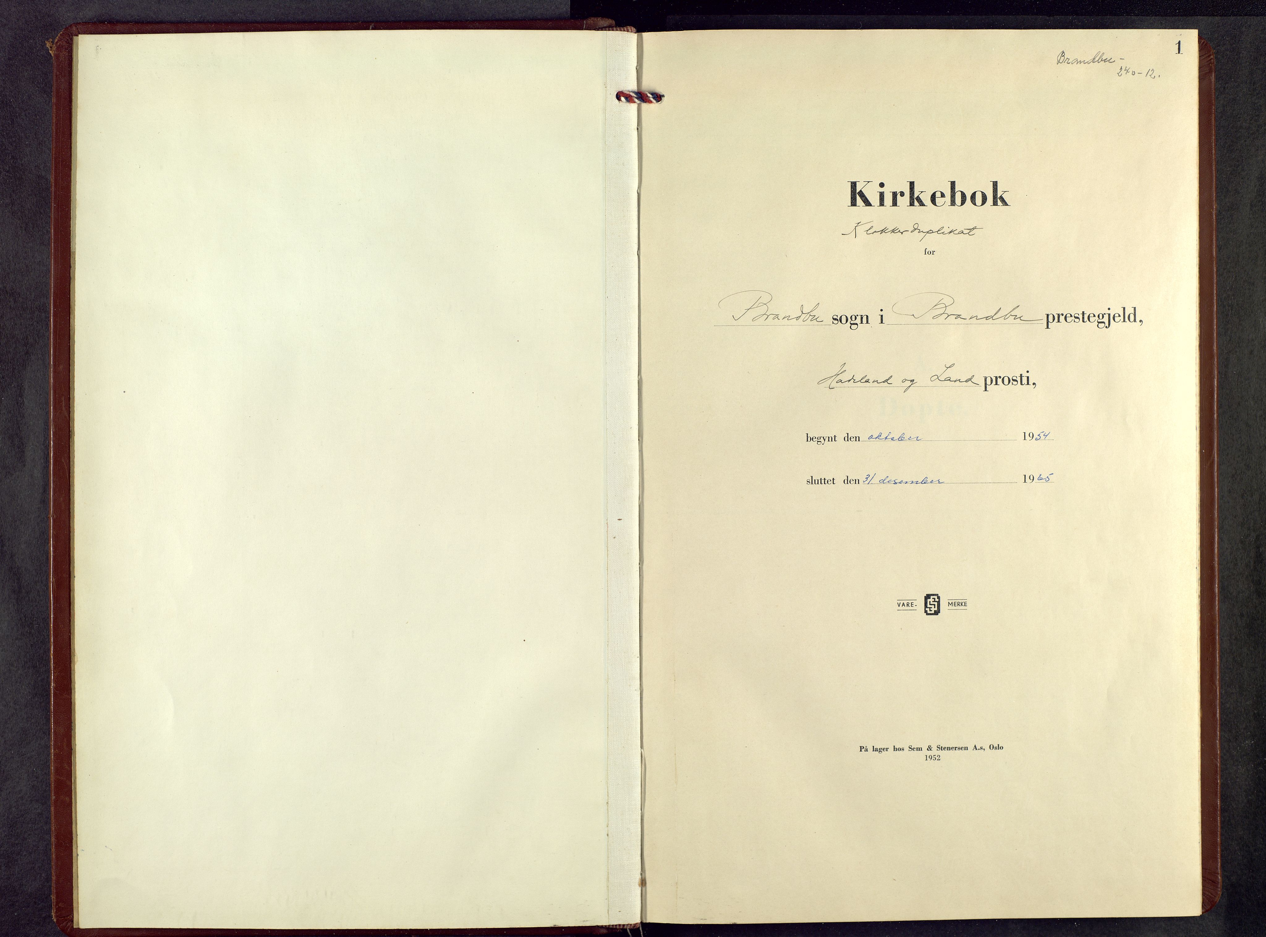 Brandbu prestekontor, SAH/PREST-114/H/Ha/Hab/L0003: Klokkerbok nr. 3, 1953-1965, s. 1