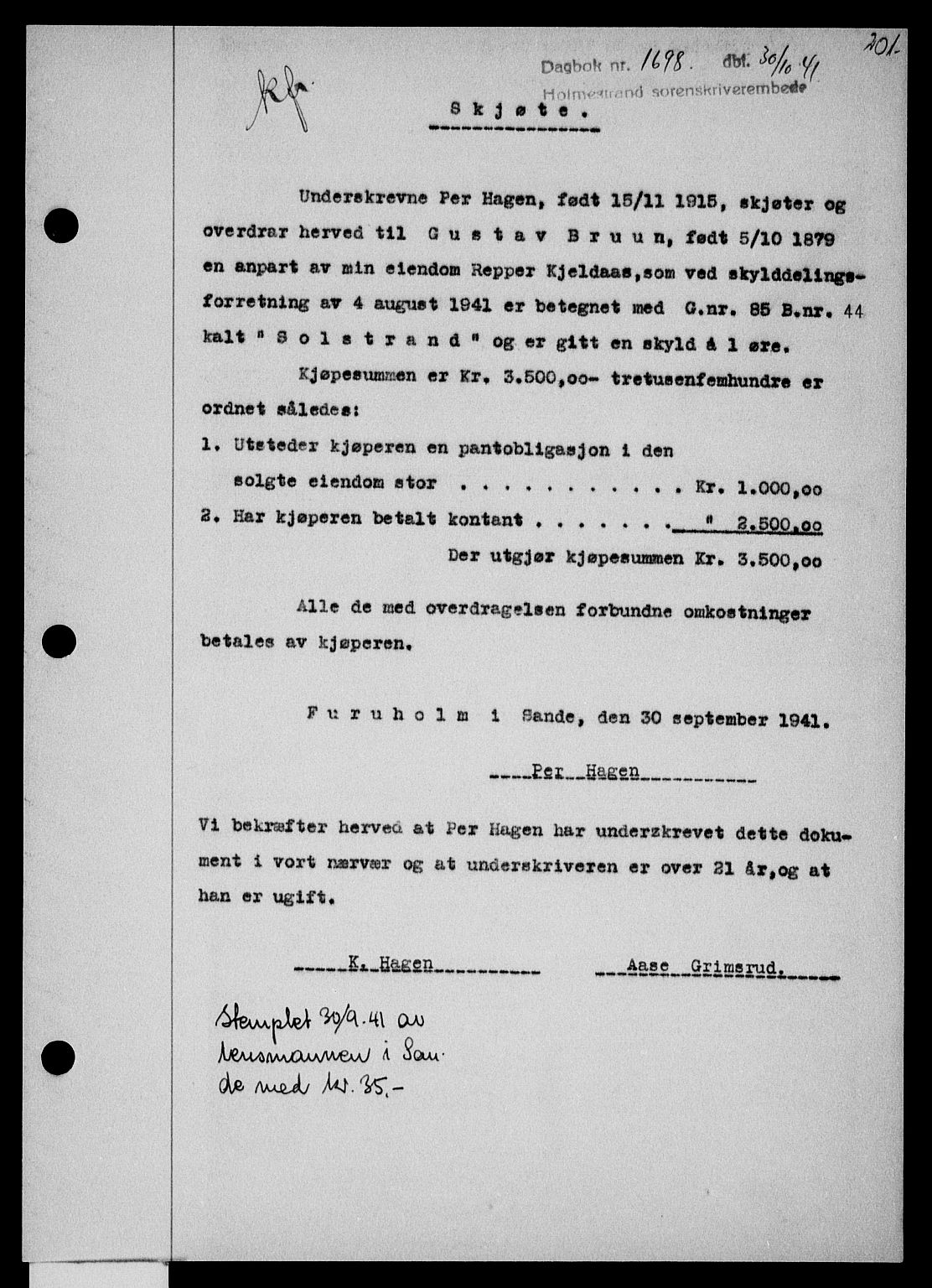 Holmestrand sorenskriveri, SAKO/A-67/G/Ga/Gaa/L0054: Pantebok nr. A-54, 1941-1942, Dagboknr: 1698/1941